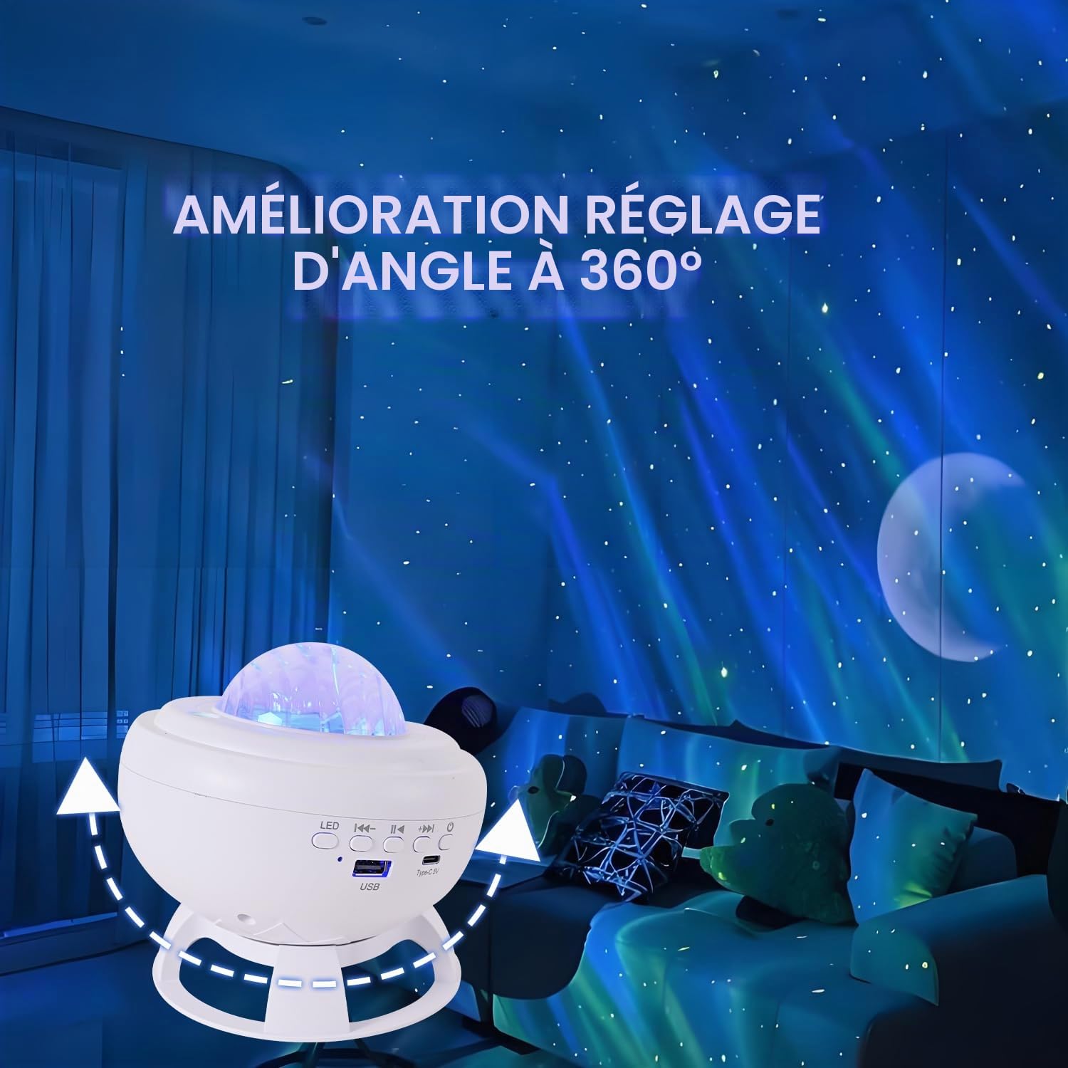 Projecteur Ciel Étoilé Lumière Boréale Veilleuse Enfant et Adulte 8 Couleurs Bluetooth Musicale LED Décoration Chambre Blanc