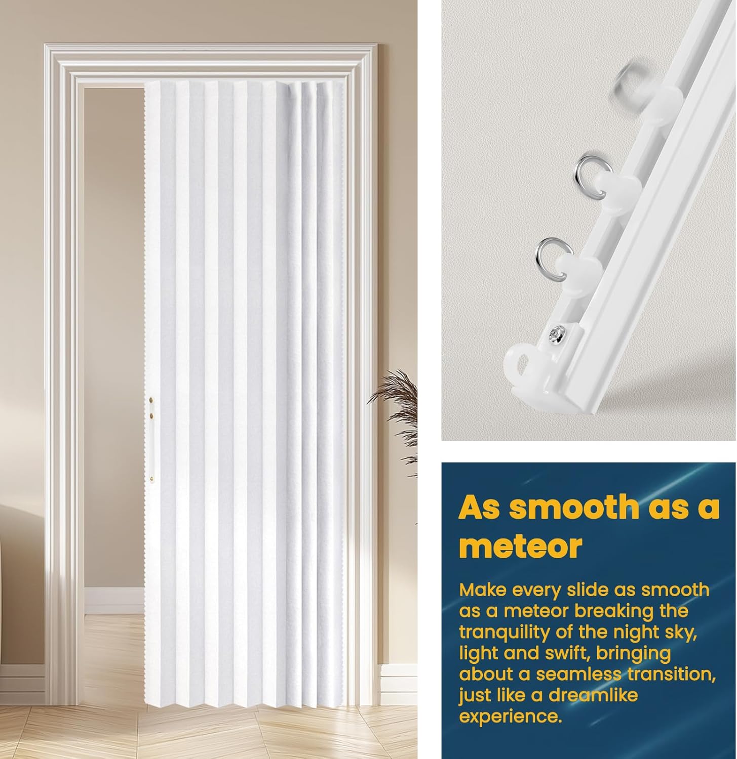 AJAZZ 100% Blackout Magnetic Door Curtain Patio Door Curtain Invisible Folding Door for Bedroom Living Room Accordion Doorway Sets Included Tracks (1 Pack, 72W x 79 L, White)