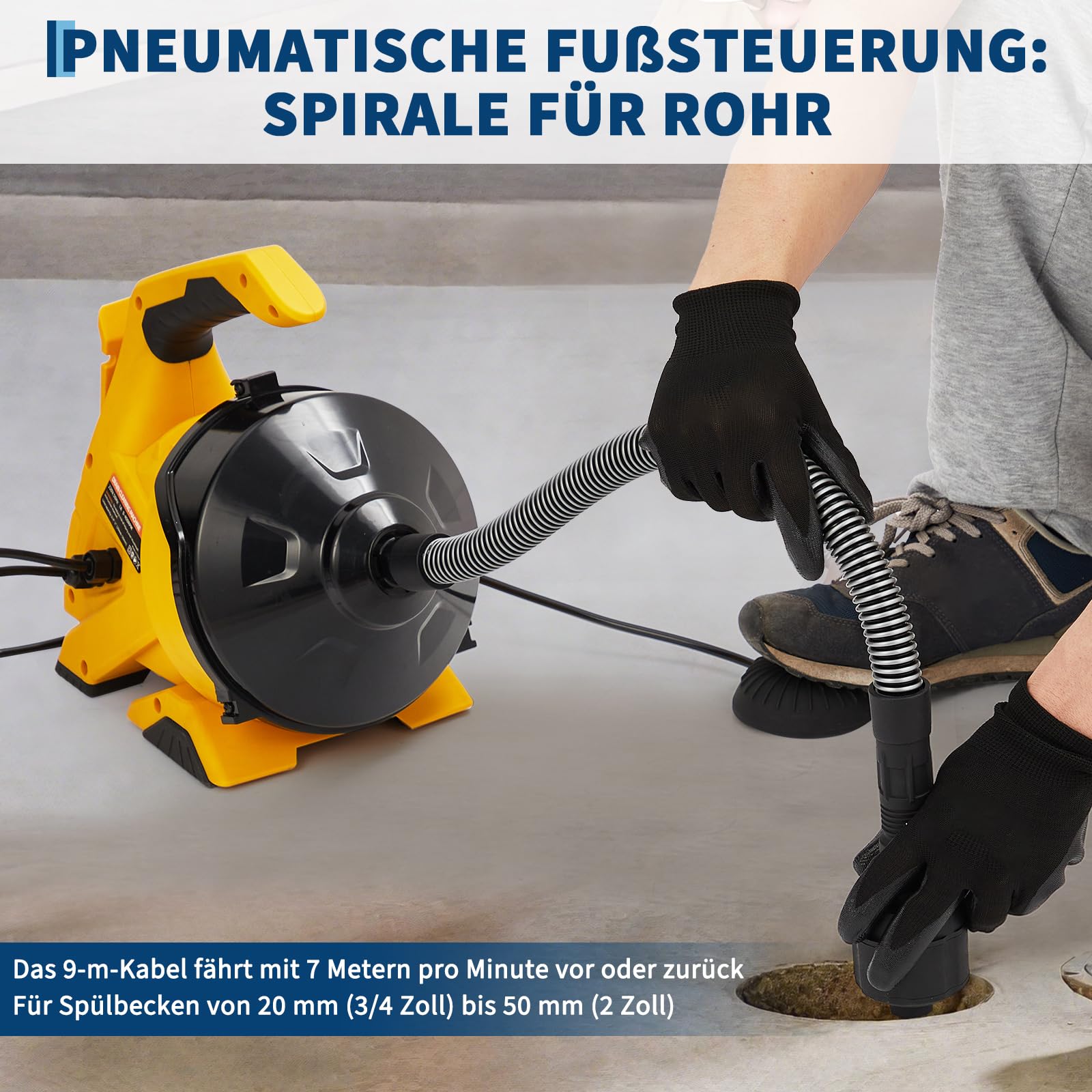 Rohrreinigungsspirale,9M Abflussreiniger Spirale Elektrische Spirale Rohrreinigung für 20-50mm Rohrverstopfungen Rohrreinigungsspirale mit Bohrkopf-Ideal für Spirale Abfluss Rohrreinigung