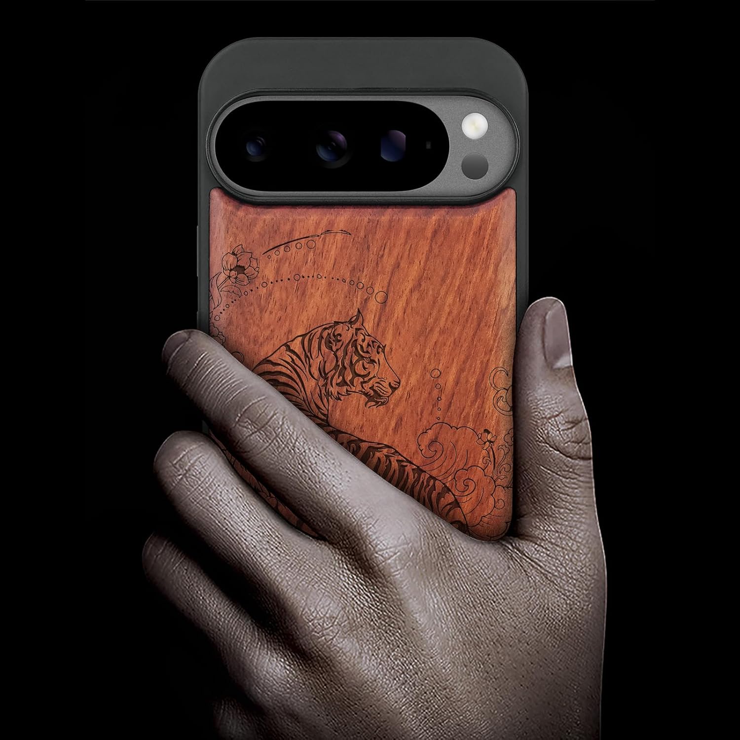 Carveit Magnetic Wooden Case for Google Pixel 10 Pro XL Case, Wood Artisan Engraved & Soft TPU Shockproof Cover, Compatible with MagSafe Wireless Chargers (Graceful Tiger) Rosy