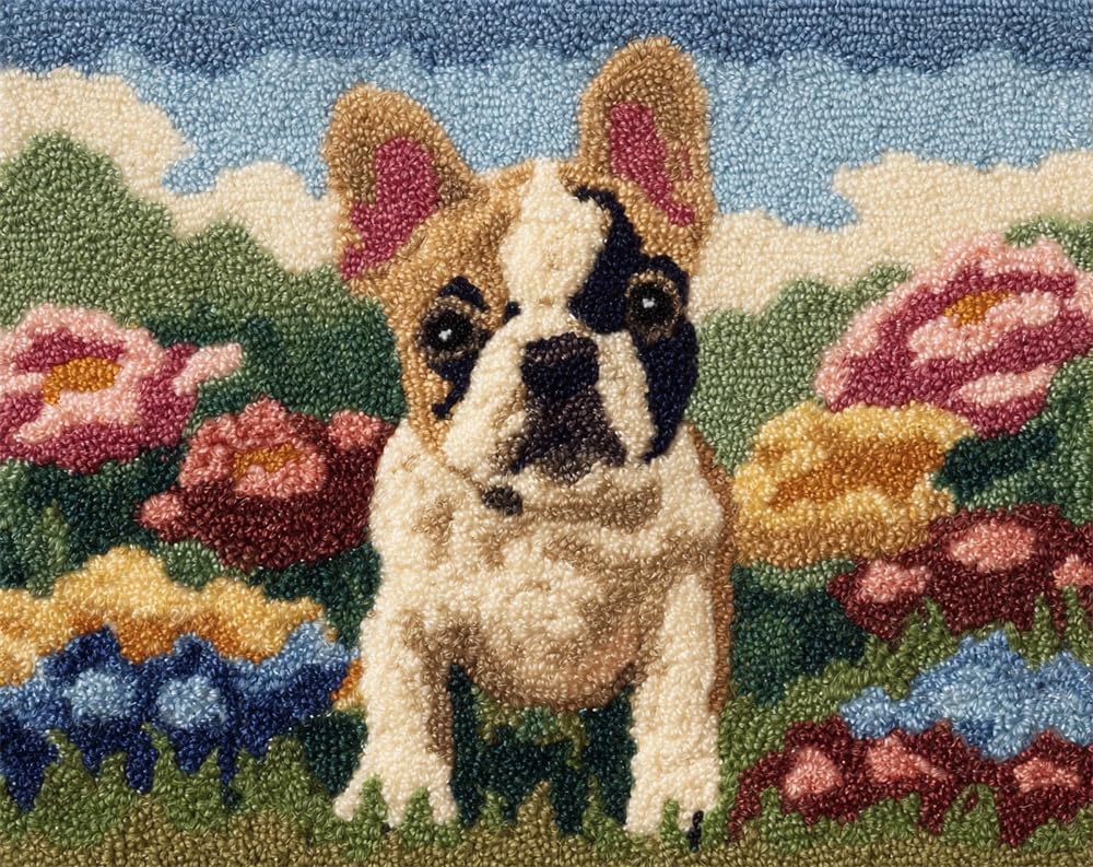 Kitquiver DIY Latch Hook Rug,French Bulldog in A Flower Patch,Crochet Kits Embroidery Kits Home Carpet Rug Making Canvas,Needlework Crafts for Home Decor 39X55In
