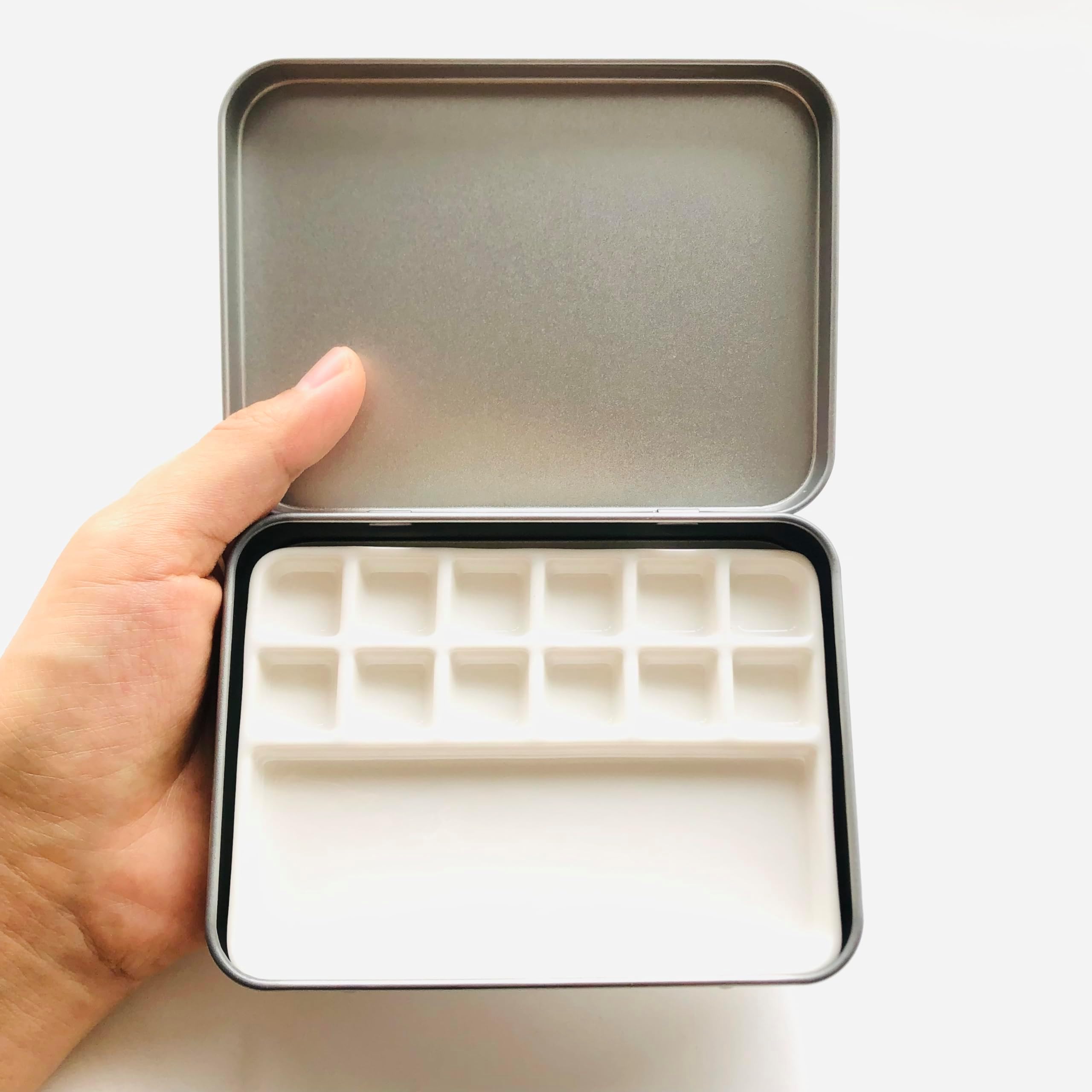 Travel Ceramic Watercolor Palette with 12-Well Porcelain Mixing Tray & Metal Tin Box - Portable Art Kit for Gouache, Studio & Outdoor Painting