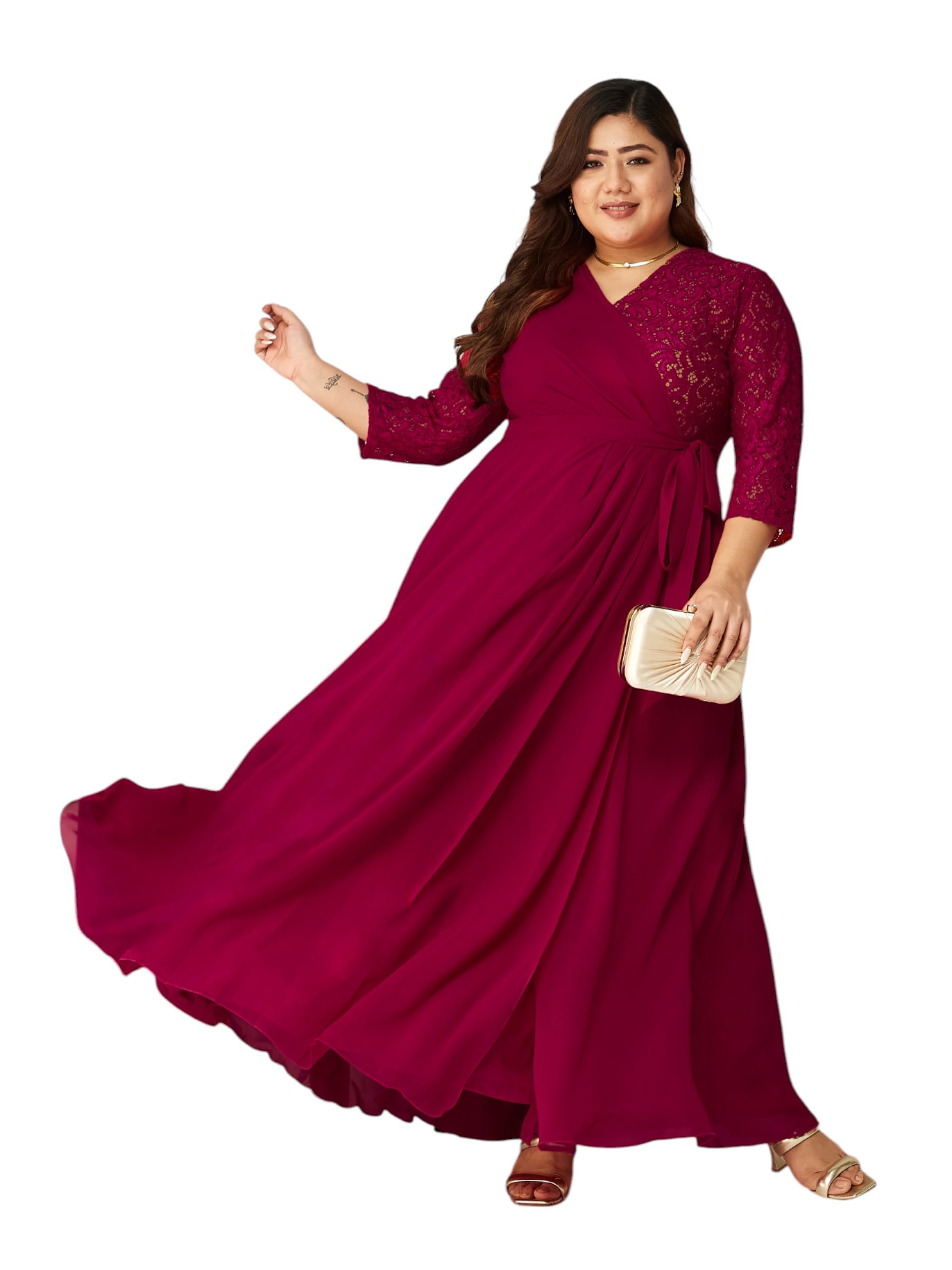 miss chase a+ Women's Floral Printed Relaxed Fit V -Neck 3/4Th Sleeve Georgette Maxi Dress-picture-19