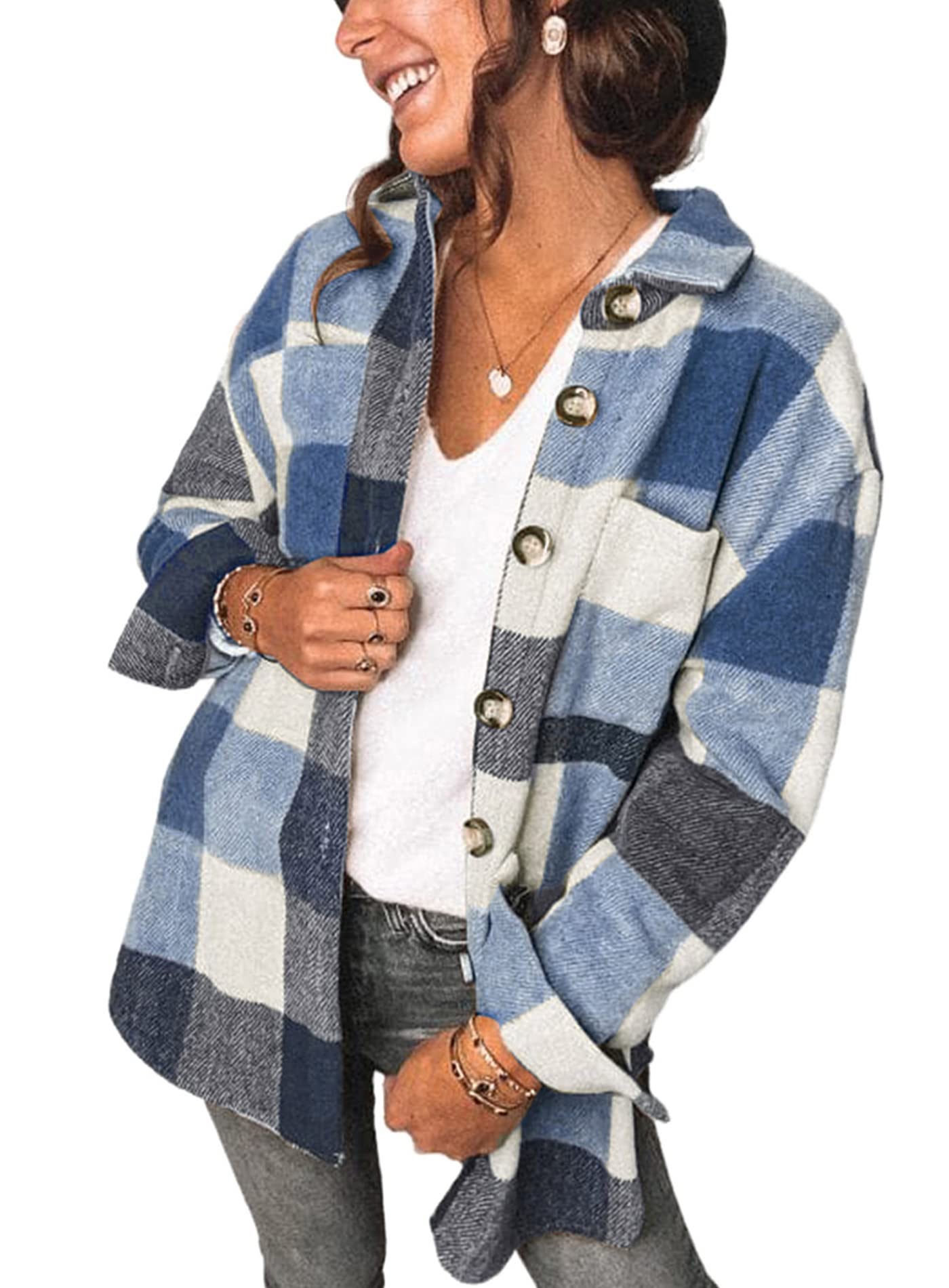 PRETTYGARDENWomen's 2024 Fall Clothes Plaid Shacket Jacket Long Sleeve Button Down Flannel Shirts Fashion Blouse