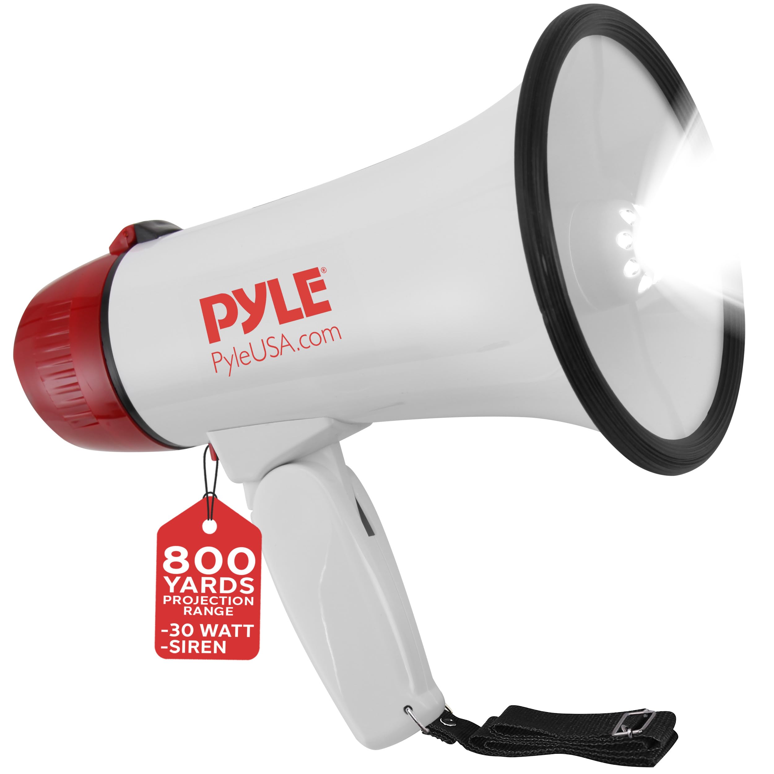 Pyle 30W PA Bullhorn Megaphone Speaker with Built-in Siren & LED Lights - Adjustable Volume Control for Football, Soccer, Baseball, Basketball, Cheerleading, Fans, Coaches & Safety Drills