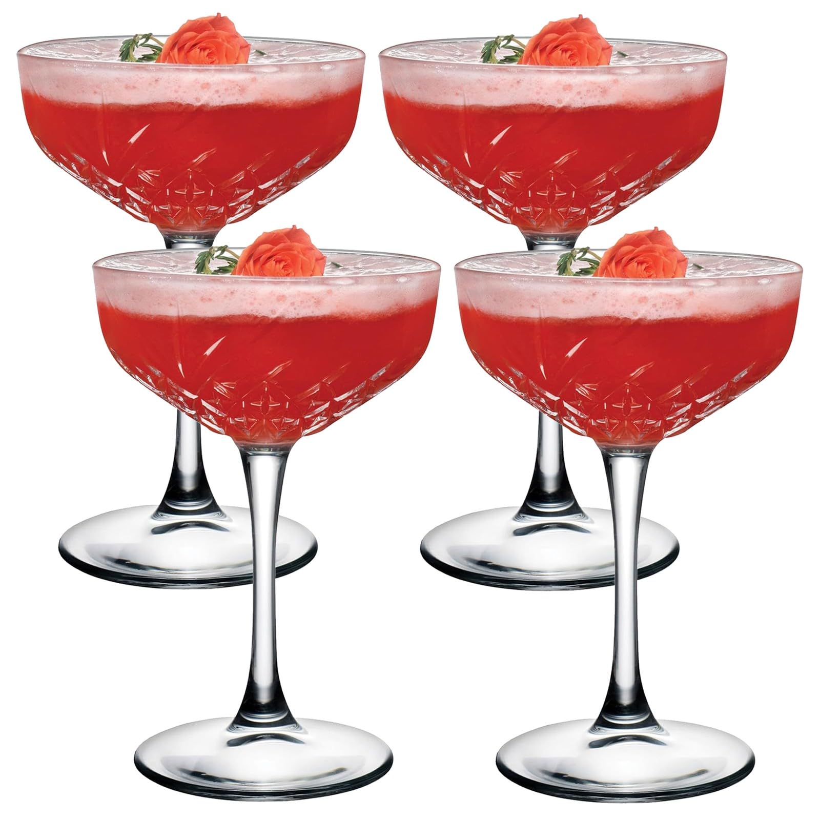 Queensway Home & Dining Champagne Saucer Coupe Glasses 255ml, Clear Tall Stemmed Glassware for Home, Parties, Bars, Perfect for Sparkling Wine, Cocktails, Dishwasher Safe (Set of 4)