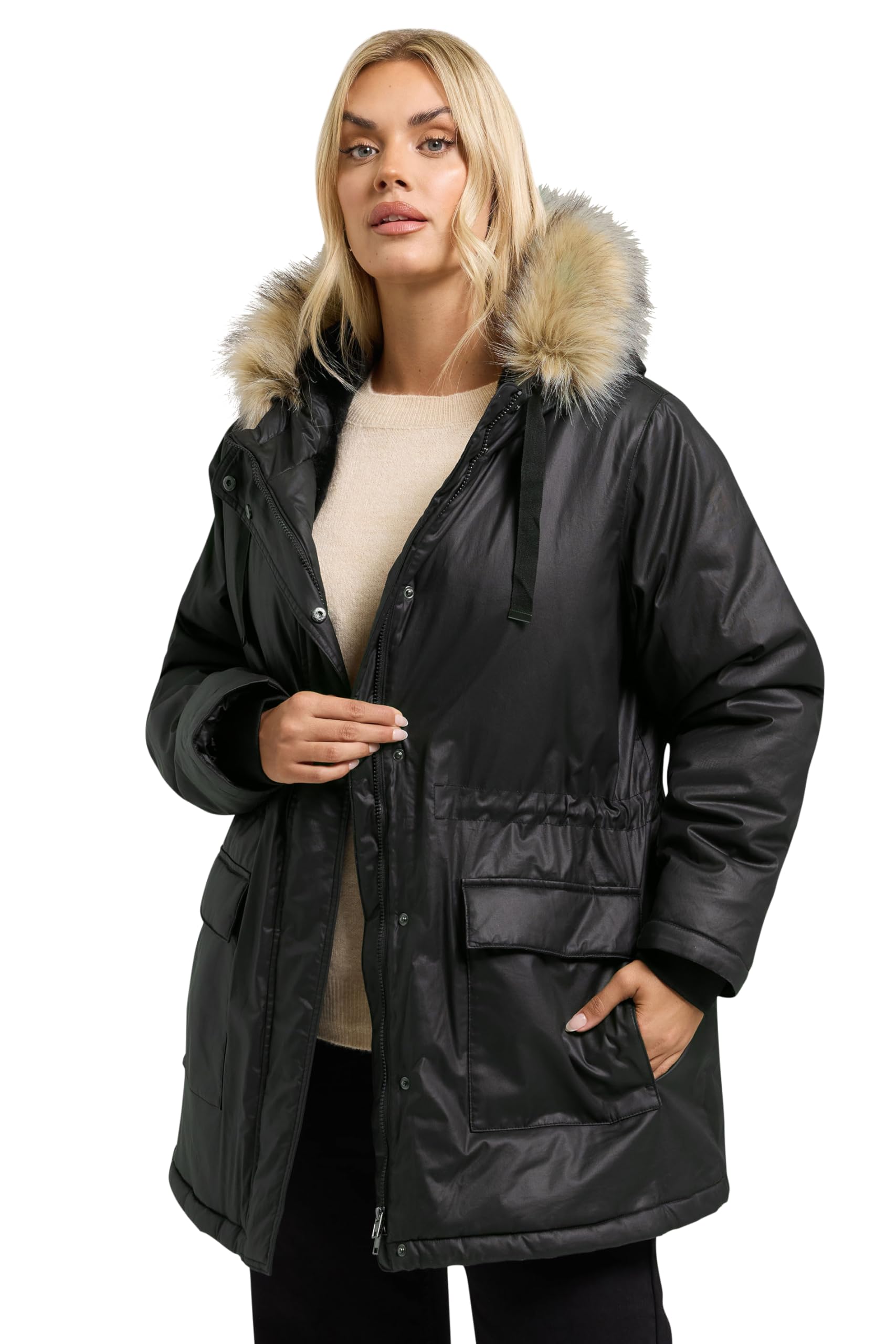 Yours Curve Waxed Faux Fur Trim Parka Coat - Women's - Plus Size Curve