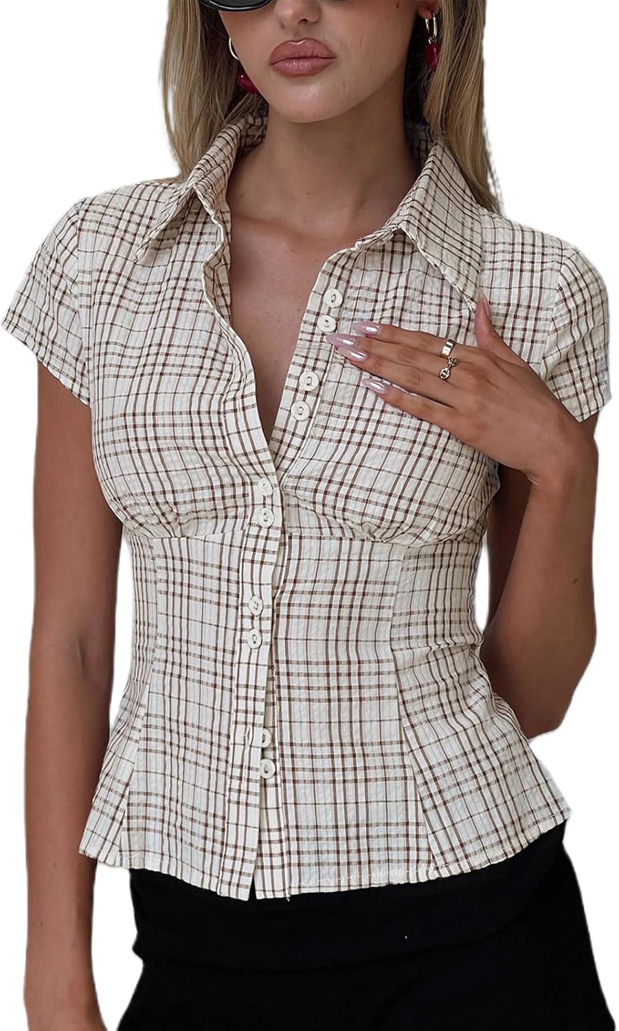 Womens Button Down Shirts Short Cap Sleeve V Neck Collared Plaid Waisted Blouses Summer Casual Tops