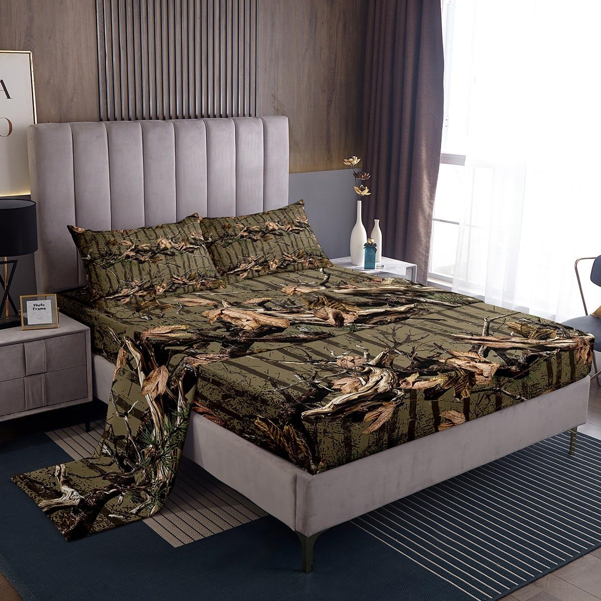 Feelyou Camouflage Bedding Set Queen Size Kids Camo Bed Sheets Set for Boys Girls Teens Military Style Fitted Sheet Breathable Soft Microfiber Army Green Room Decor