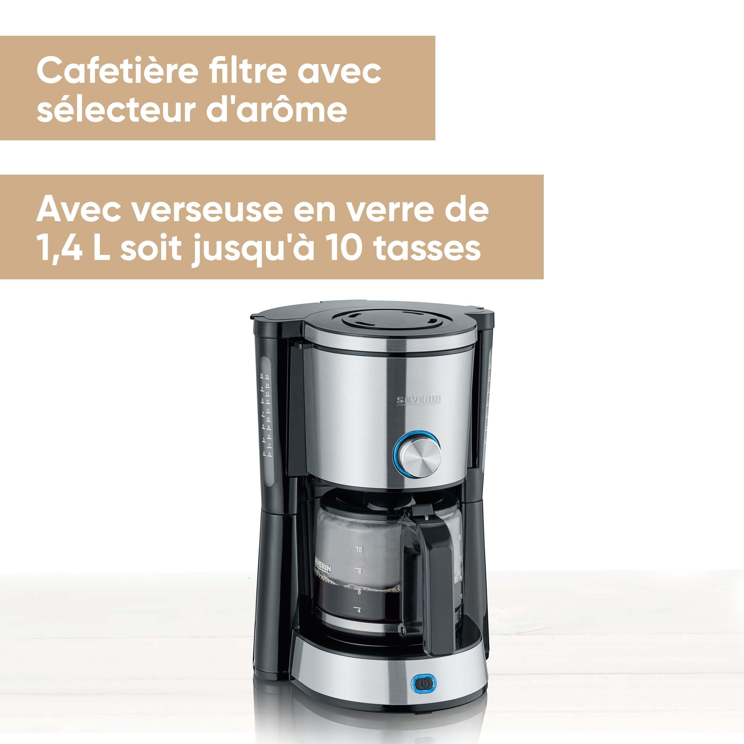 SEVERIN Cafetière Filtre avec réglage de l'arôme, 1 000 W, 1,4L, Jusqu'à 10 tasses, Porte-filtre amovible, Système anti-goutte, Inox / Noir, KA 4825