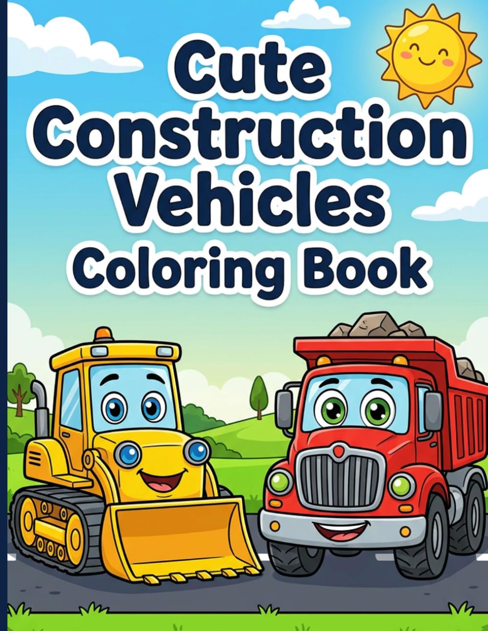 Cute Construction Vehicles Coloring Book: Adorable Diggers and Bulldozers with Smiling Faces for Kids Ages 3-7 to Enjoy Calm Creative Screen-Free Play