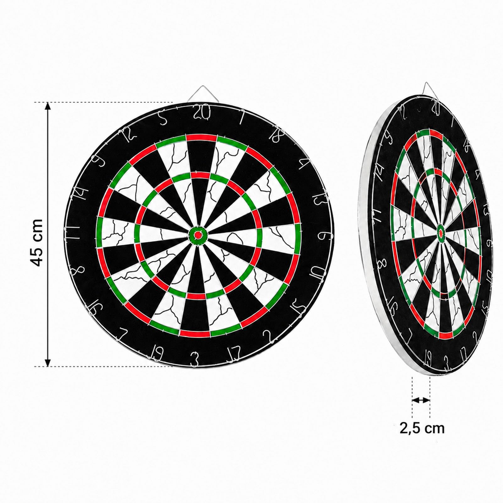Cible de Fléchettes 45 cm, Jeu de Fléchettes avec 6 Fléchettes à Pointe en Acier, Double Face, Surface Floquée, 2,5 cm D'épaisseur, à Suspendre avec Crochet, pour Adultes, Salle de Jeux