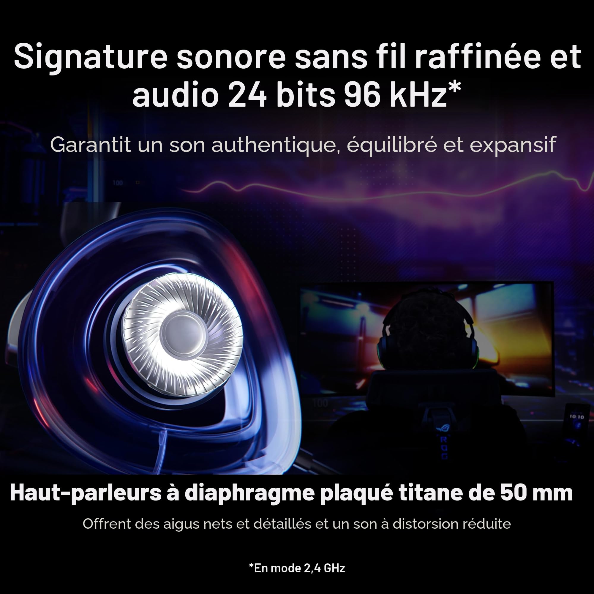 ASUS - ROG Delta II - Casque Gaming sans Fil - connectivité tri-Mode avec ROG Speednova, membranes de 50mm plaquées en Titane, jusqu'à 110 Heures d'autonomie de Batterie, Conception légère