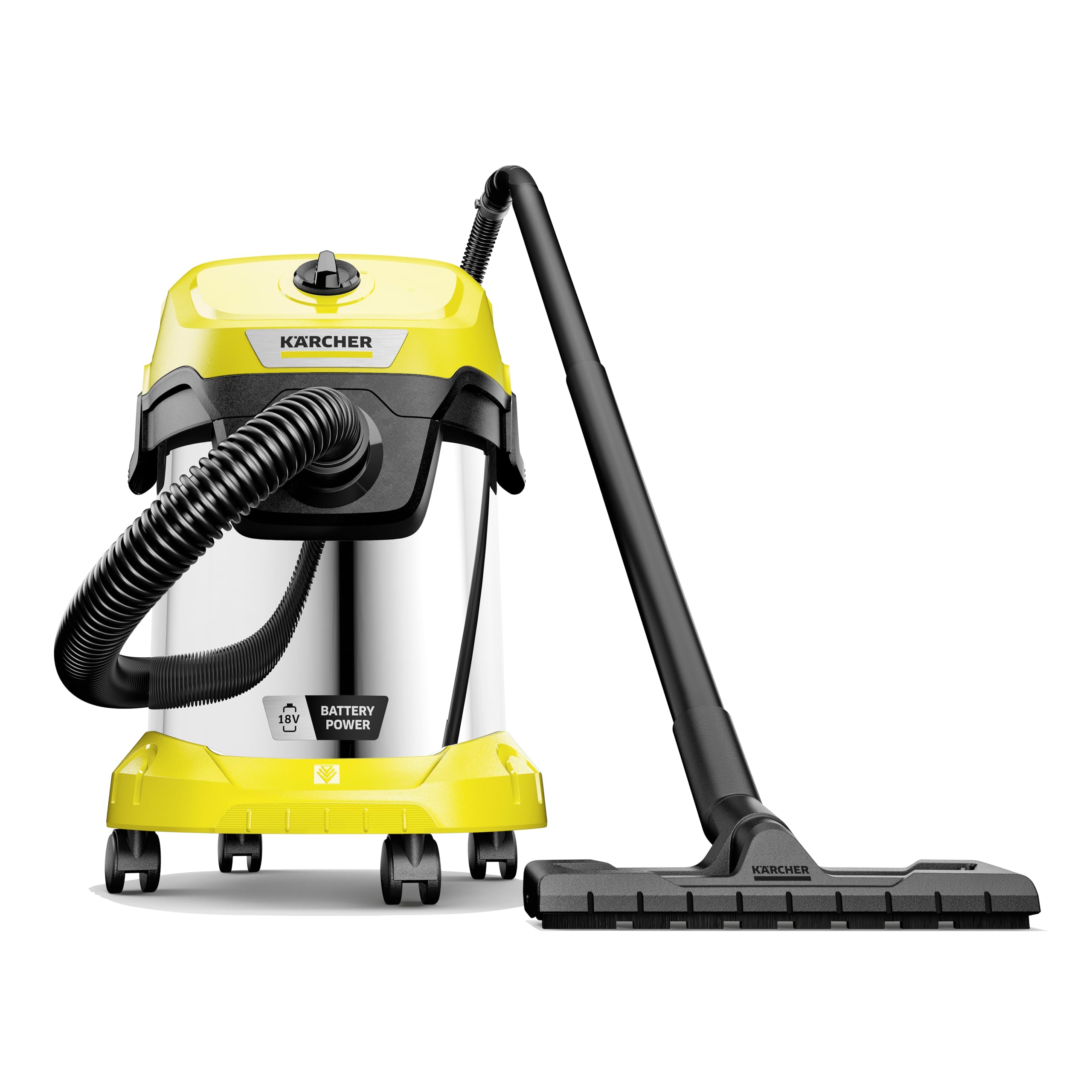 KÄRCHER Aspirateur Eau et Poussières sans Fil 18 V WD 3-18 S, Fonction Soufflerie, Cuve en INOX : 17 l, Flexible : 2 m, Filtre Cartouche, Suceur Eau et Poussières, Suceur Fentes, sans Batterie