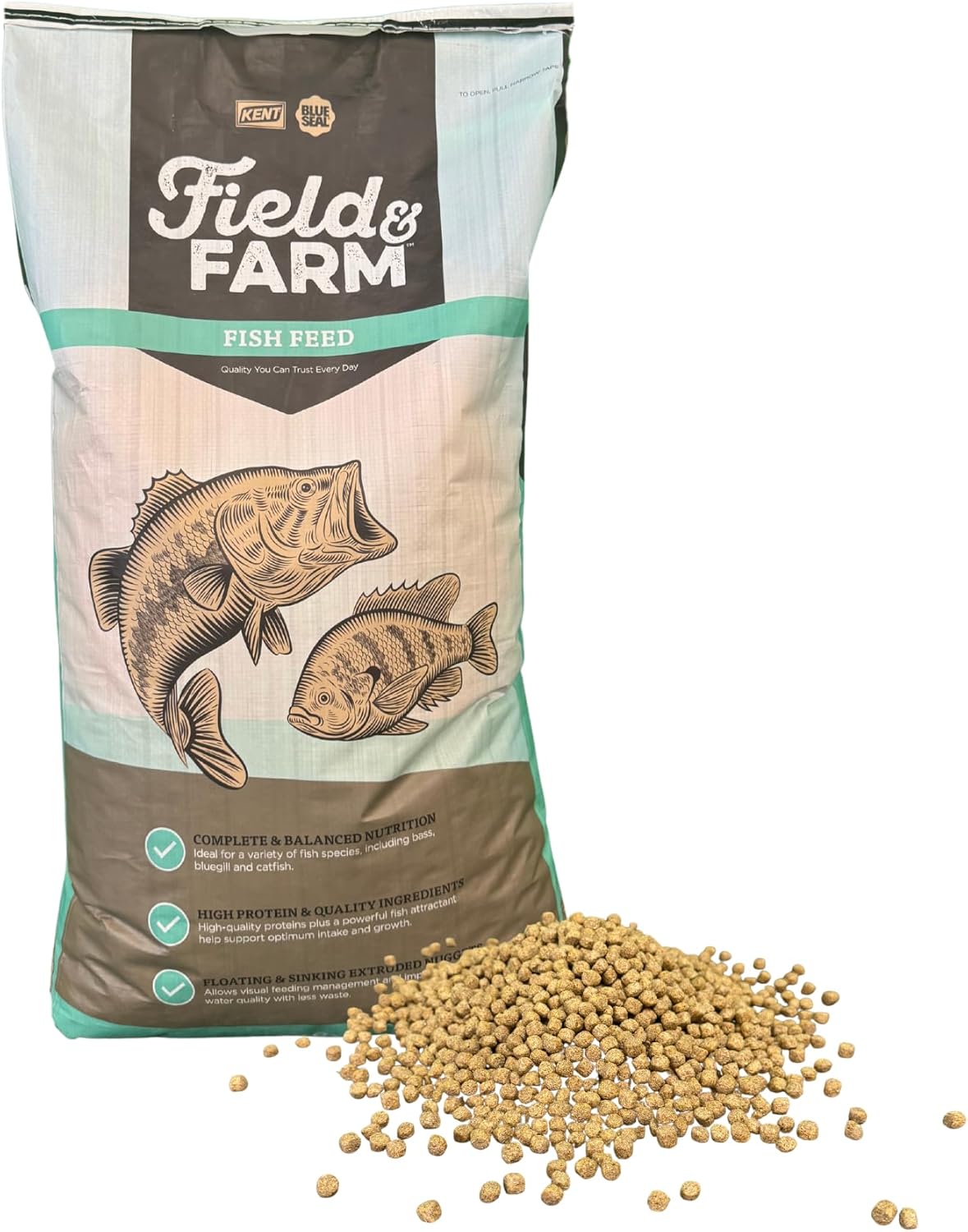 KENT Field and Farm Fish Feed, Pond Stocker 32, High Protein, Ruminant Meat-Free, Bone Meal-Free, Fixed Ingredient Formula, Ideal for Bass, Bluegill and Catfish, 25 Pound Bag