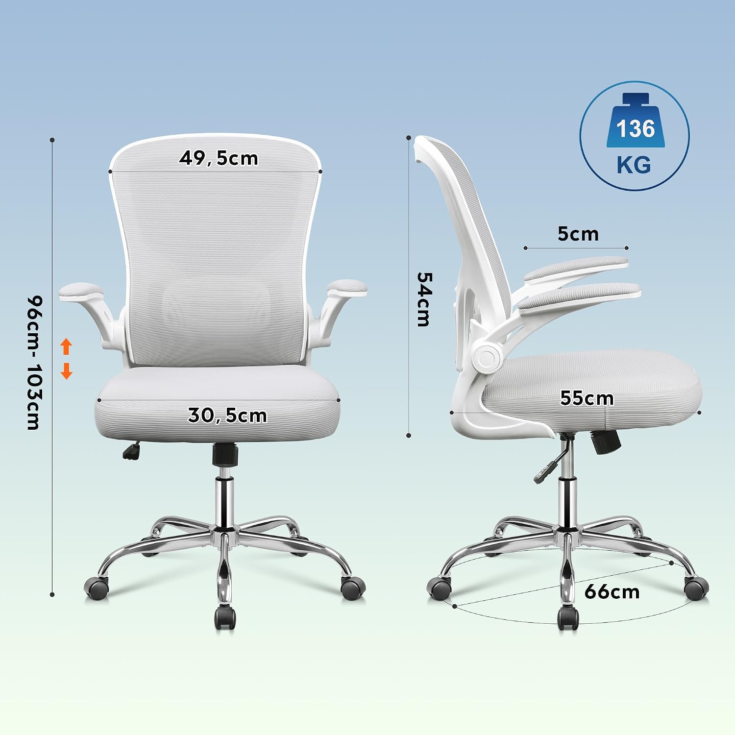 Diagram showing detailed dimensions of the DEVAISE Ergonomic Mesh Office Chair