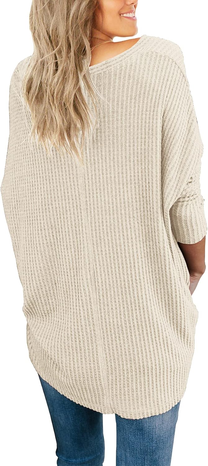 IWOLLENCE Women's Waffle Knit Tunic Blouse Tie Knot Henley Tops Loose Fitting Bat Wing Plain Shirts - Image 4