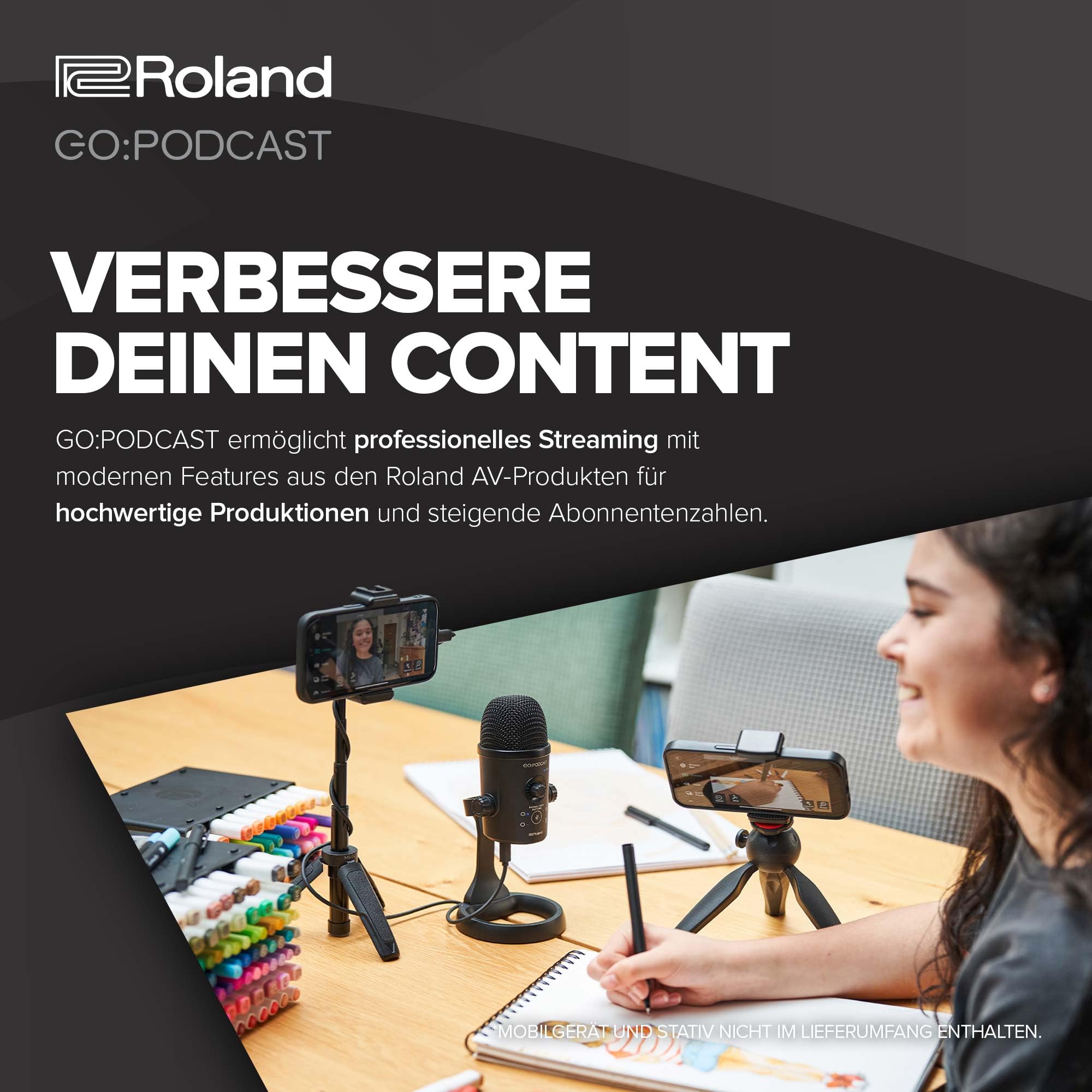 Roland GO:Podcast Video-Podcast-Studio für Smartphones | Einfaches Livestream-System für Podcaster, Vlogger & mehr | Intuitive Video-App | Hochwertiges USB-Mikrofon | Vier Richtcharakteristiken