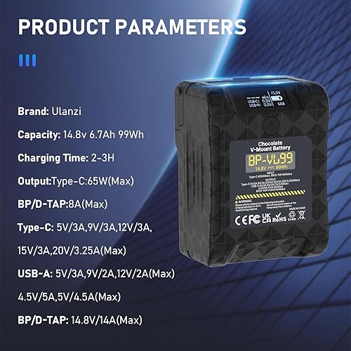 Miniatura 8 de Ulanzi VL99 - Batería de montaje en V, 6700 mAh, 99 Wh, 14.8 V, mini V-Lock compatible con cargador rápido PD USB-C de 65 W, con 2 D-TAP, USB-A,