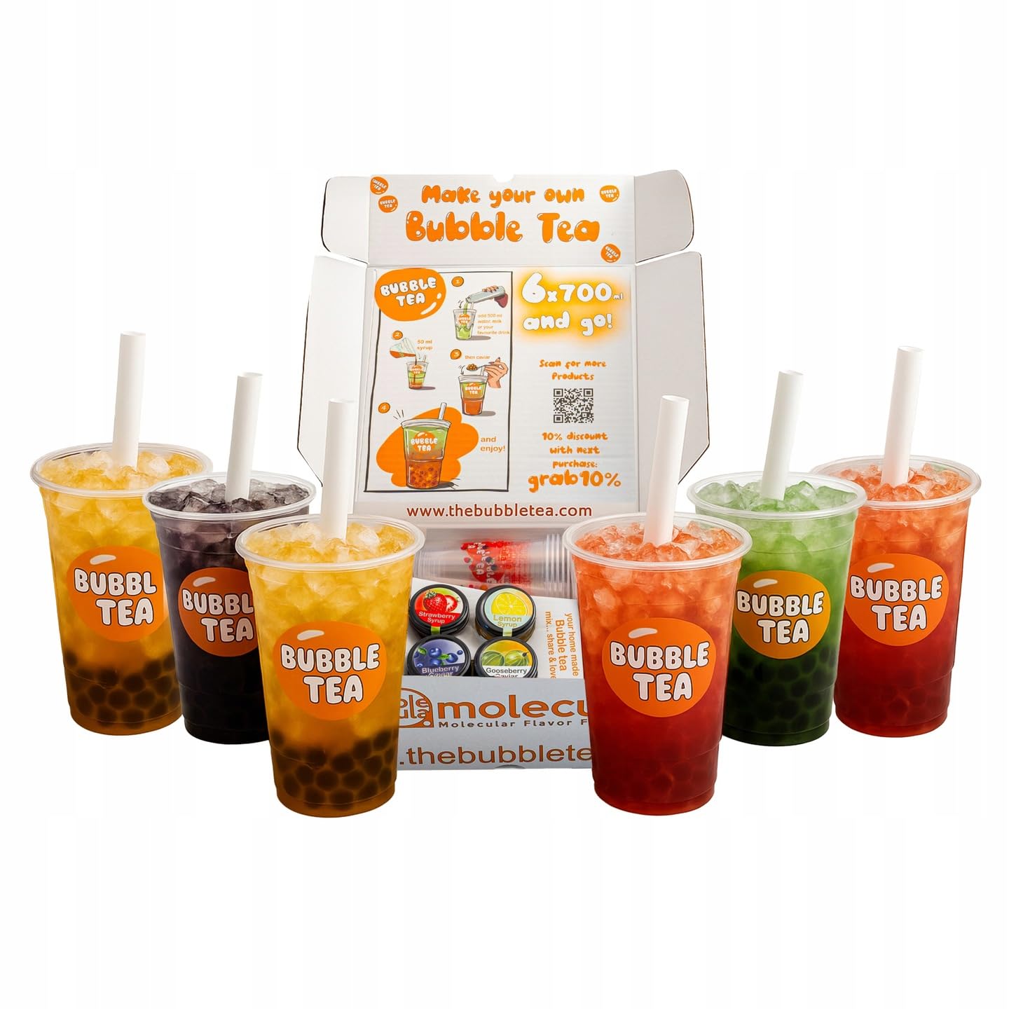 Grab&Go Set für 6x700ml fertigen Bubble Tea | 2x Molecularer Kaviar und 2x Sirup für Bubble Tea | Heidelbeere und Stachelbeere sowie Sirupe mit Zitronen- und Erdbeergeschmack