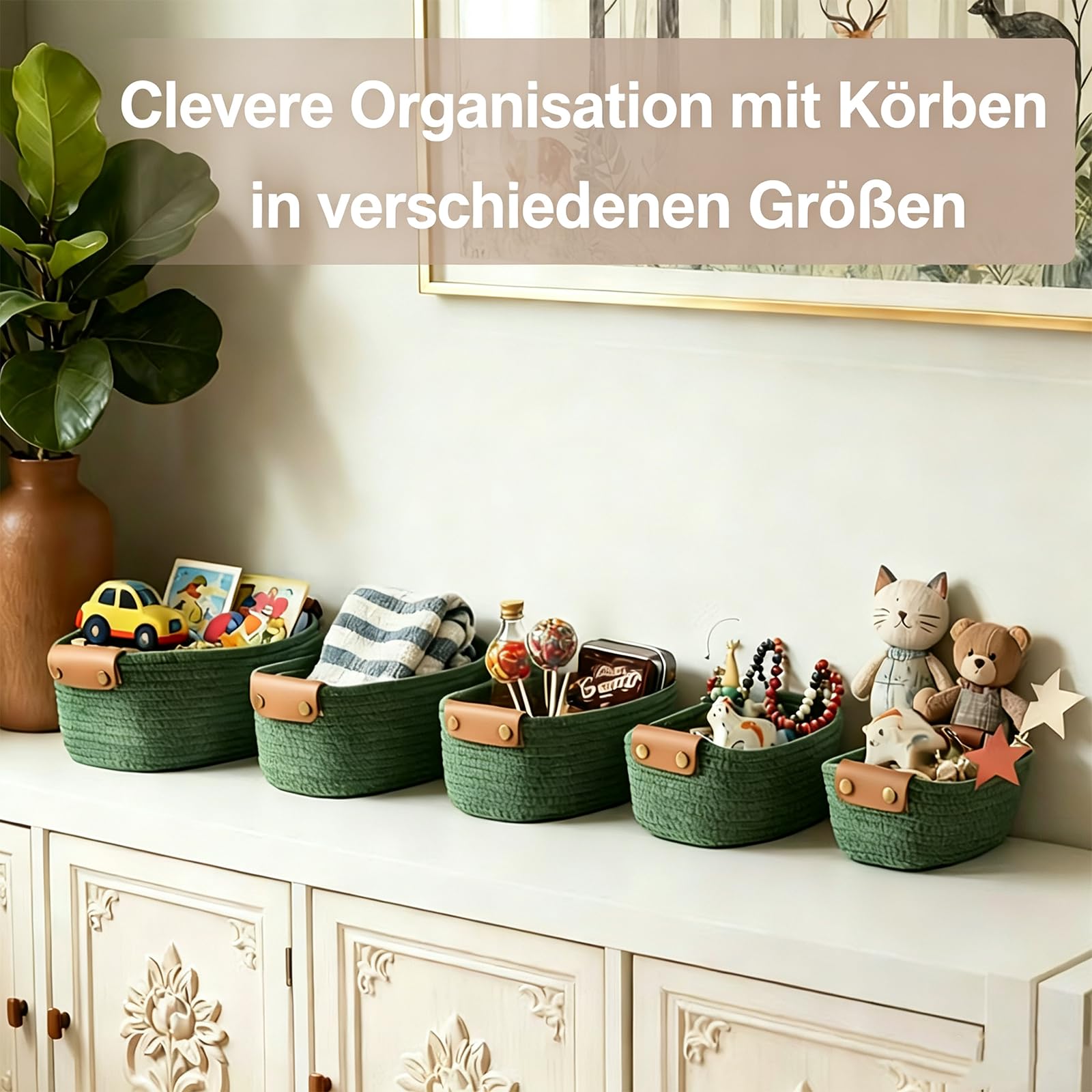 SVNR 5er-Set Aufbewahrungskörbe aus Geflecht, Verschachtelbare Aufbewahrungsboxen mit Lederoptik-Griffen, Organizer für Regal, Schrank, Badezimmer und Wohnzimmer, in Olivgrün.