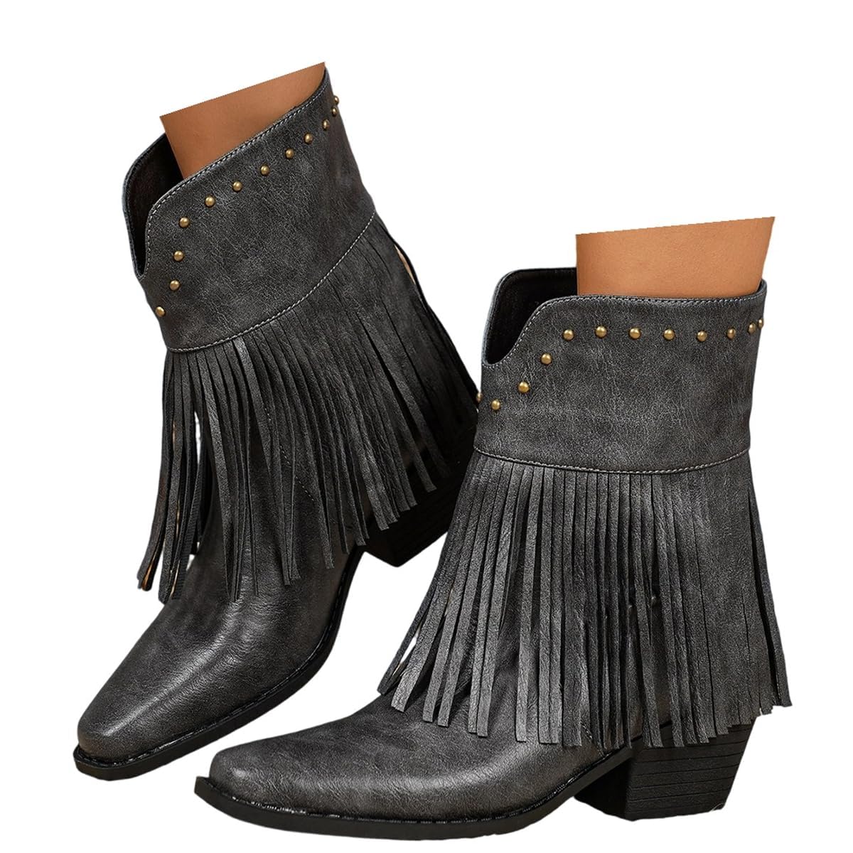 Cowboy Boots for Women Ankle Western Fringe Booties Square Toe Chunky Low Heel Tassel Short Boots