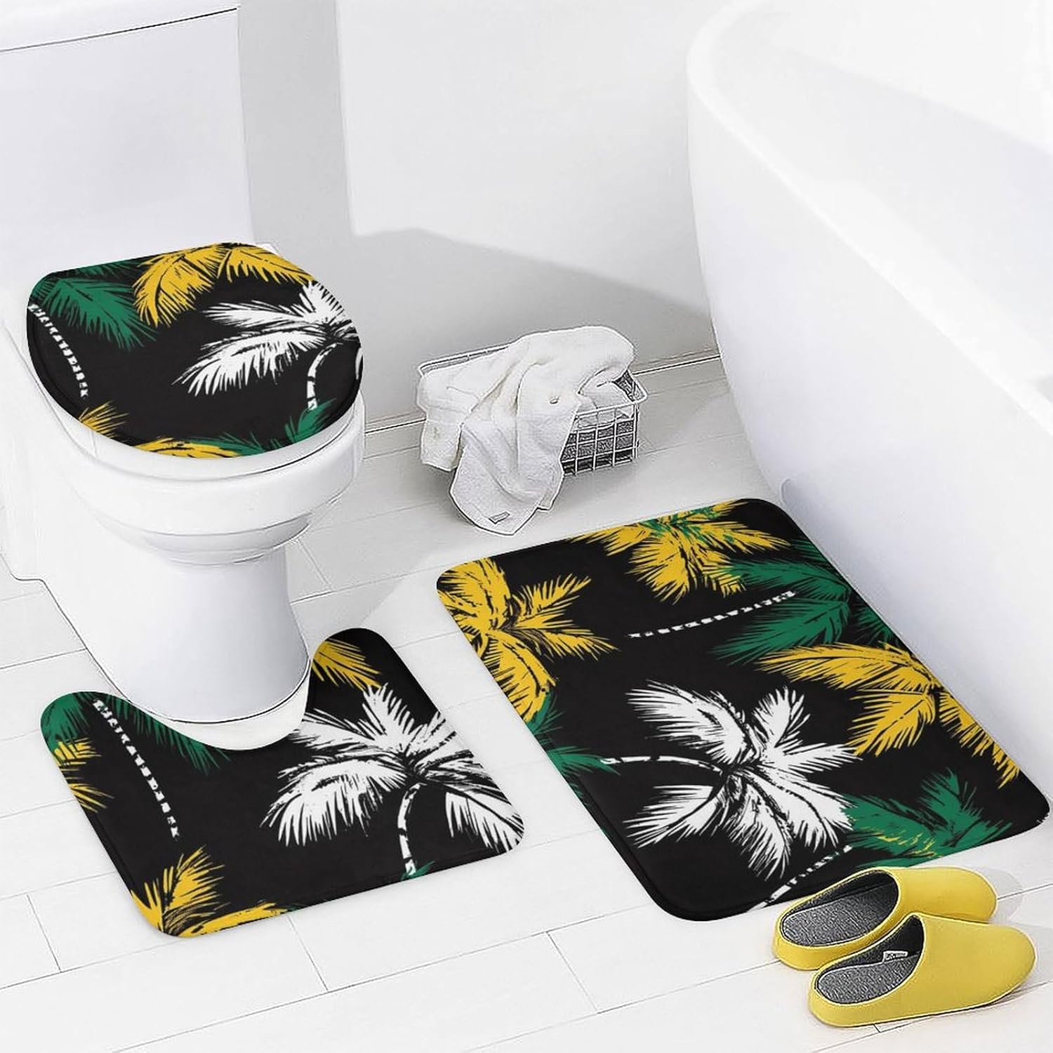 Jamaican Palm Trees Bathroom Sets with Shower Curtain and Rugs 4 Piece with U-Shaped Floor Mat Toilet Lid Cover