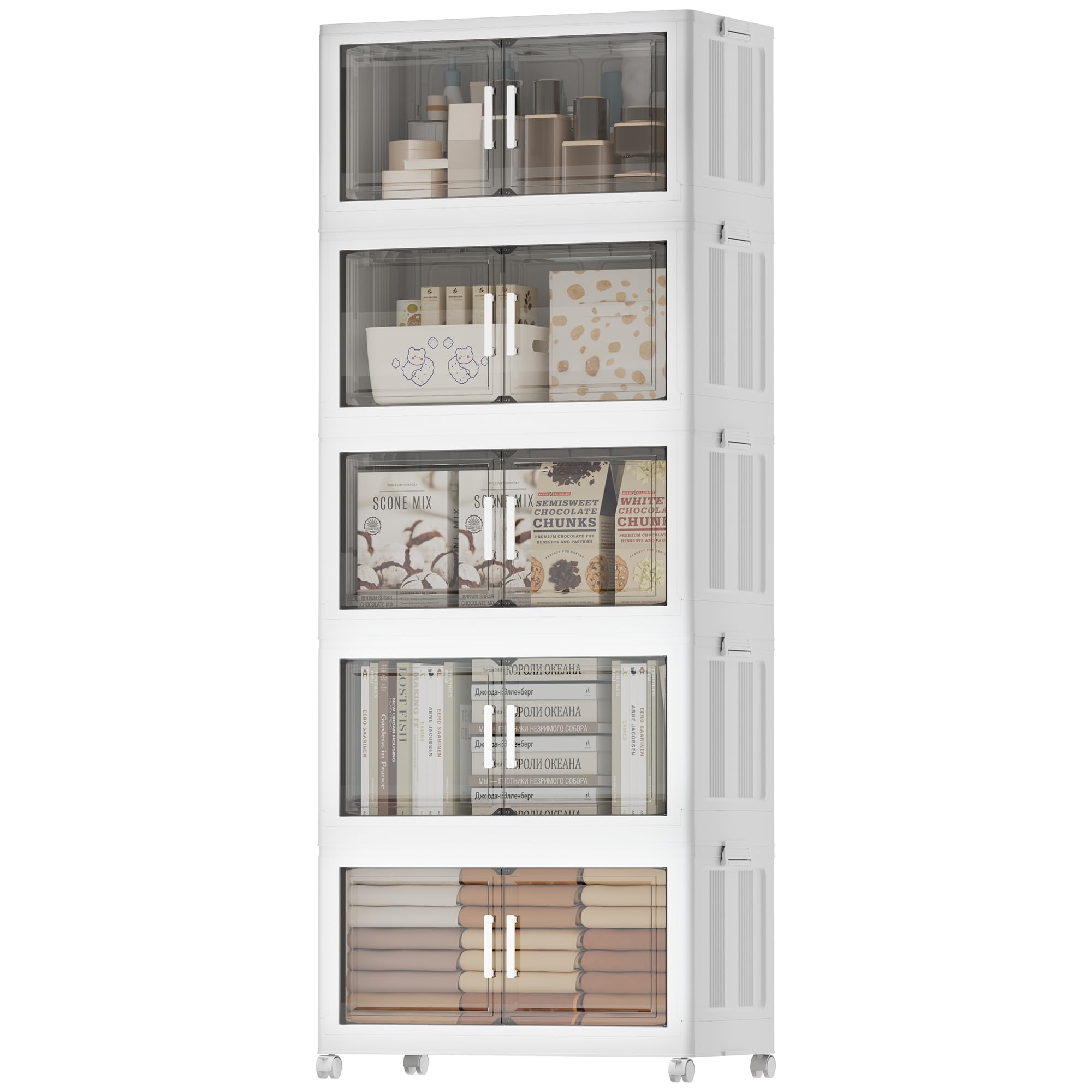 Boîte de rangement avec couvercle, 5 couches, 200 l, grande boîte de rangement avec porte et roulettes, pliable, armoire de rangement pour maison/bureau, rangement et organisation