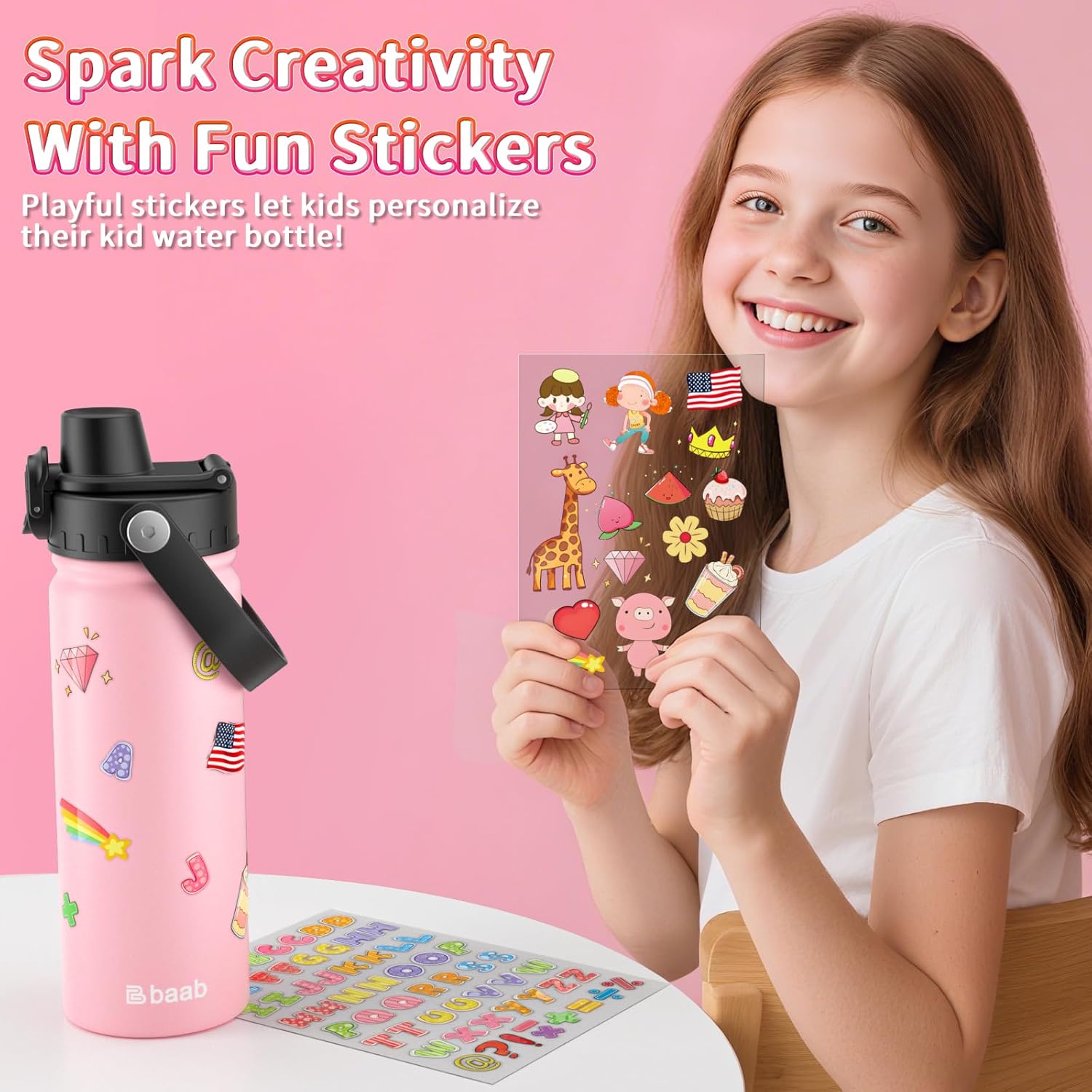 baab 18oz Kids Water Bottle, Insulated Kids Water Bottle with Lockable Spout Lid & Stickers, 18/8 Stainless Steel Vacuum Leakproof Kid Water Cup with Handle for School (Pink+Mint Green, 2 Pack) - Image 6