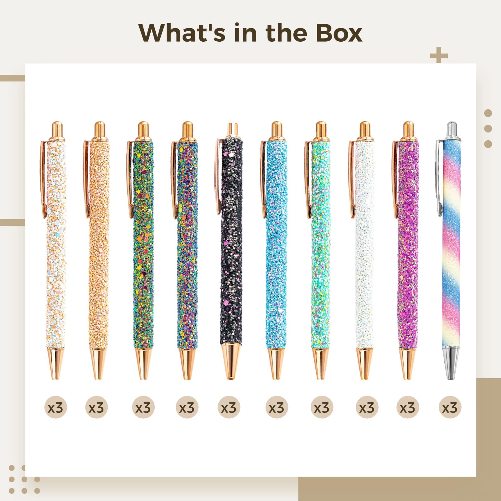 Generisch 30 penne a sfera glitterate con citazioni motivazionali, con clip in metallo, corpo glitterato, meccanismo a pressione, 10 colori vivaci, per casa e ufficio