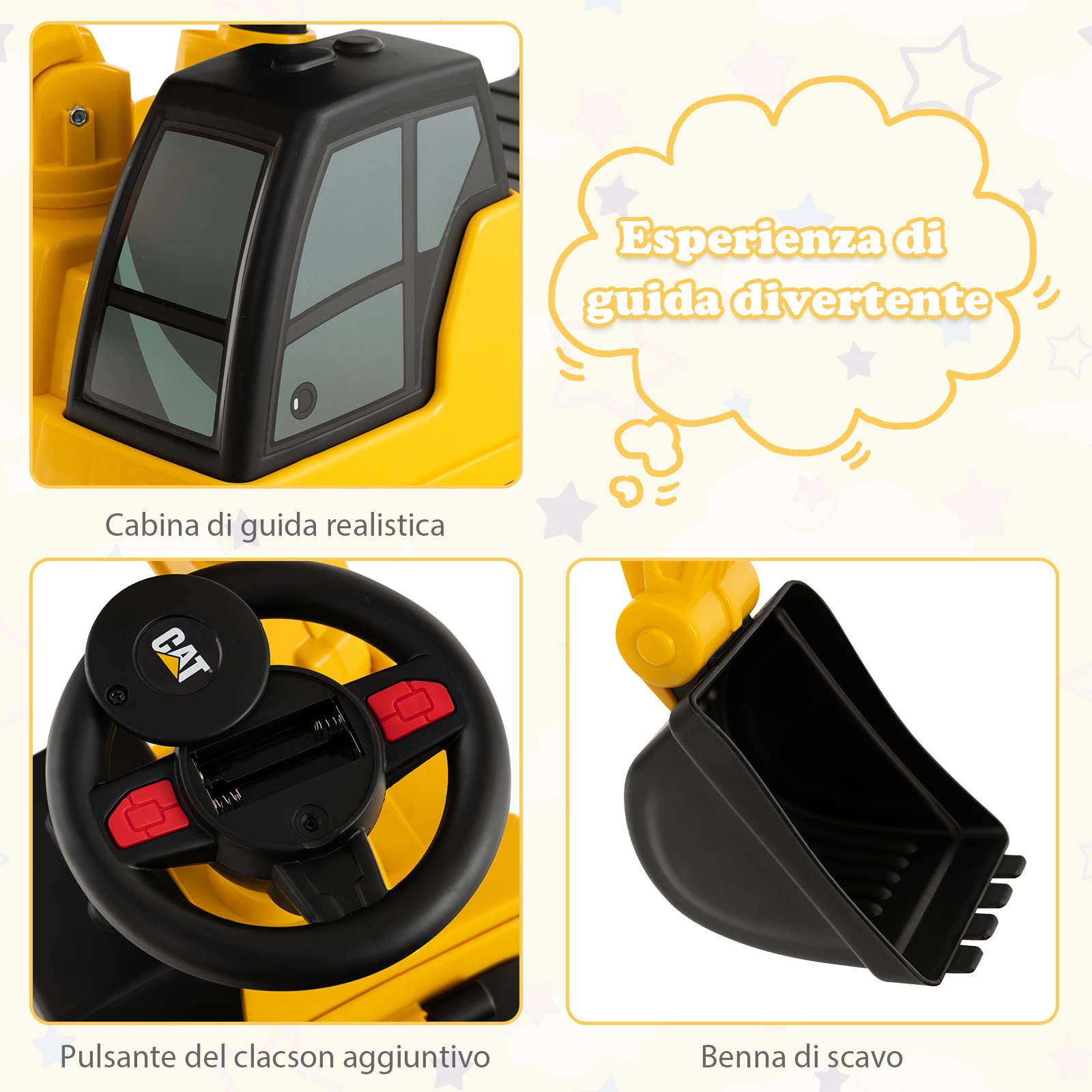 COSTWAY Escavatore Giocattolo Cavalcabile, Ruspa per Bambini con Benna da Scavo Girevole, Clacson e Spazio di Archiviazione Nascosto, Regalo per Bambini 1-3 Anni, Giallo