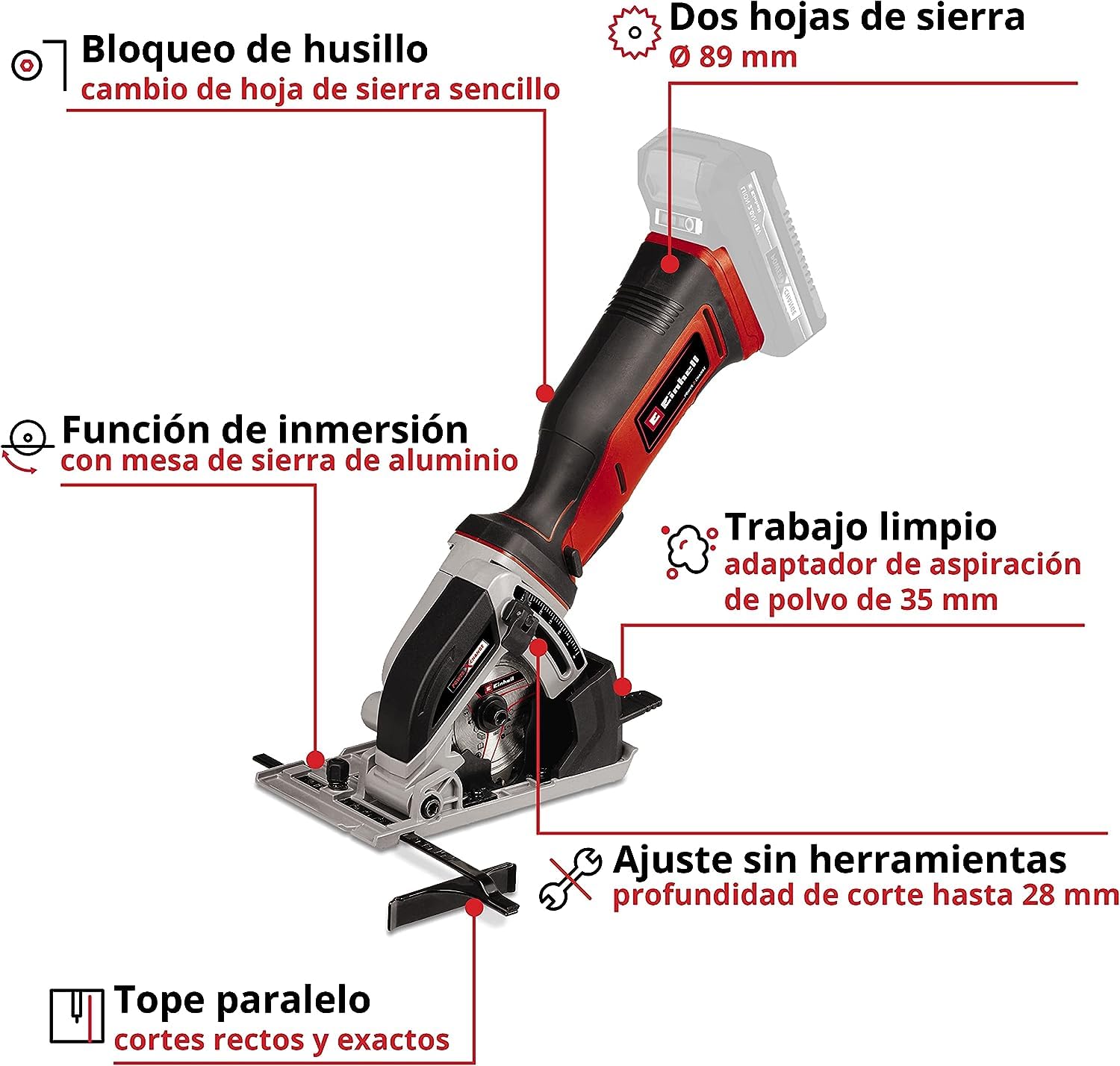 Einhell Minisierra circular manual con batería TE-CS 18/89 Li-Solo Power X-Change (18 V, iones de litio, Ø89 x Ø10 mm hoja, incl. hoja de sierra de metal duro, sin batería ni cargador)