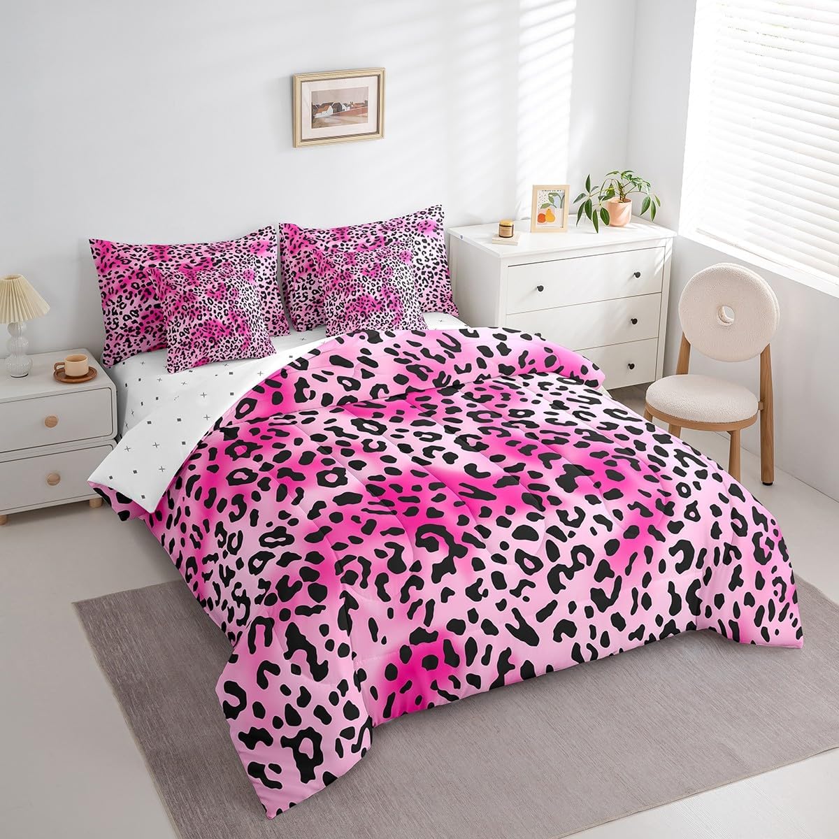 Feelyou Full Size Leopard Comforter Set Kids Boys Girls Pink Black Leopard Bedding Set - 7 Piece Bed Set Includes Comforter, Sheet Set, Pillowcases & Pillow Covers - Super Soft Breathable