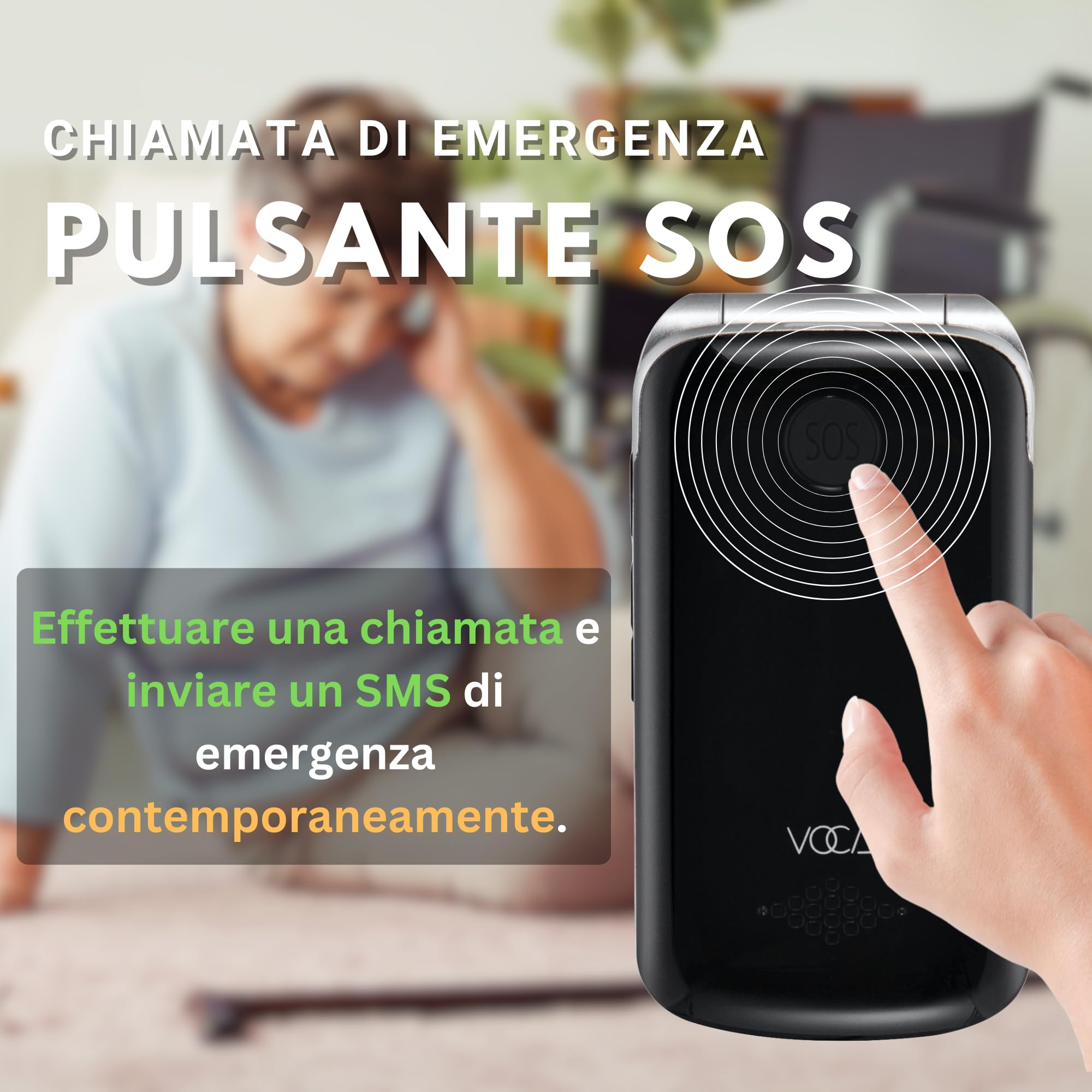 VOCA Telefono a conchiglia con grandi tasti per anziani, Doppio schermo, 4G LTE, Volume elevato, Pulsante SOS | Compatibilità con apparecchi acustici | Dock di ricarica | Testo predittivo | V543