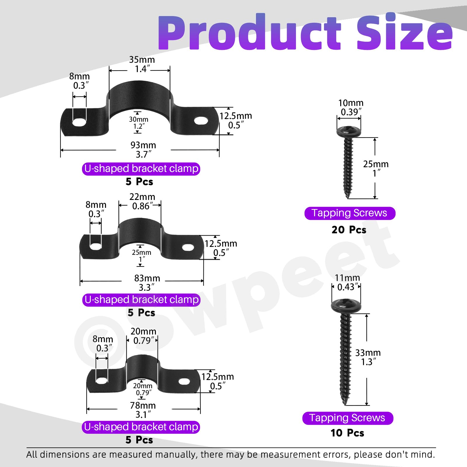 Swpeet 45Pcs 3 Sizes 15mm 20mm 25mm Two Hole U Bracket Clamp with Screws Assortment Kit, U-Clamps, Metal Pipe Clamps - Image 2