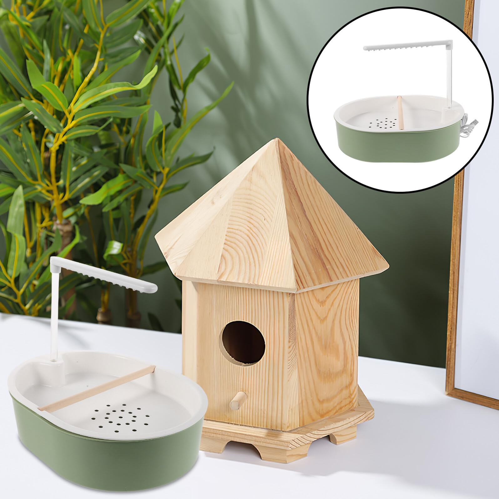 Abaodam Bañera para Pájaros con Ducha Doble Automática, Bomba de Agua Ajustable USB, Plástico Sanitario Azul Verdoso, con Palo de Pino 1.5 Cm para Periquitos y Cotorras, Accesorio de Baño