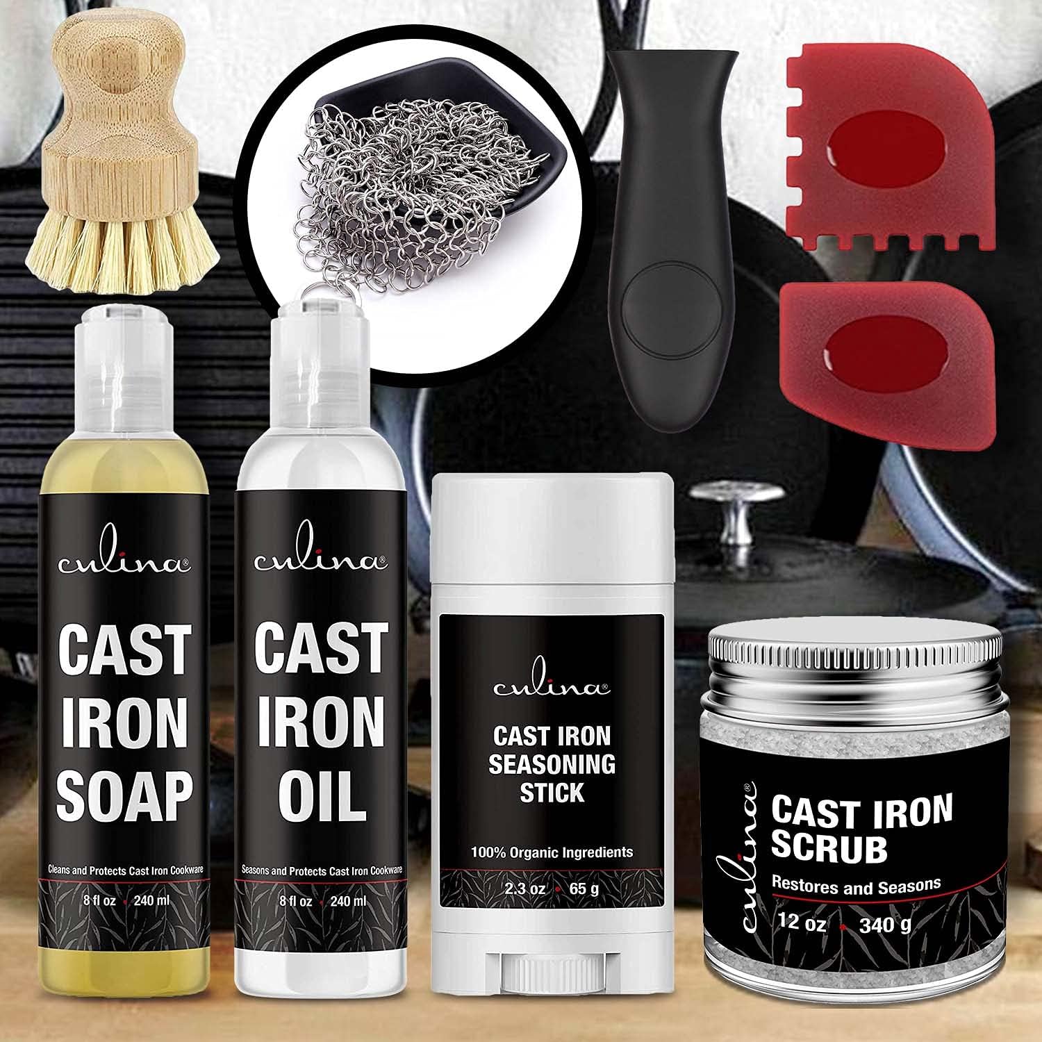 Culina Cast Iron Soap stick Conditioning Oil Stainless Scrubber Restoring Scrub brush handle and scrapers |All Natural Ingredients |for Cast Iron Cookware with handle and scrappers colors may vary