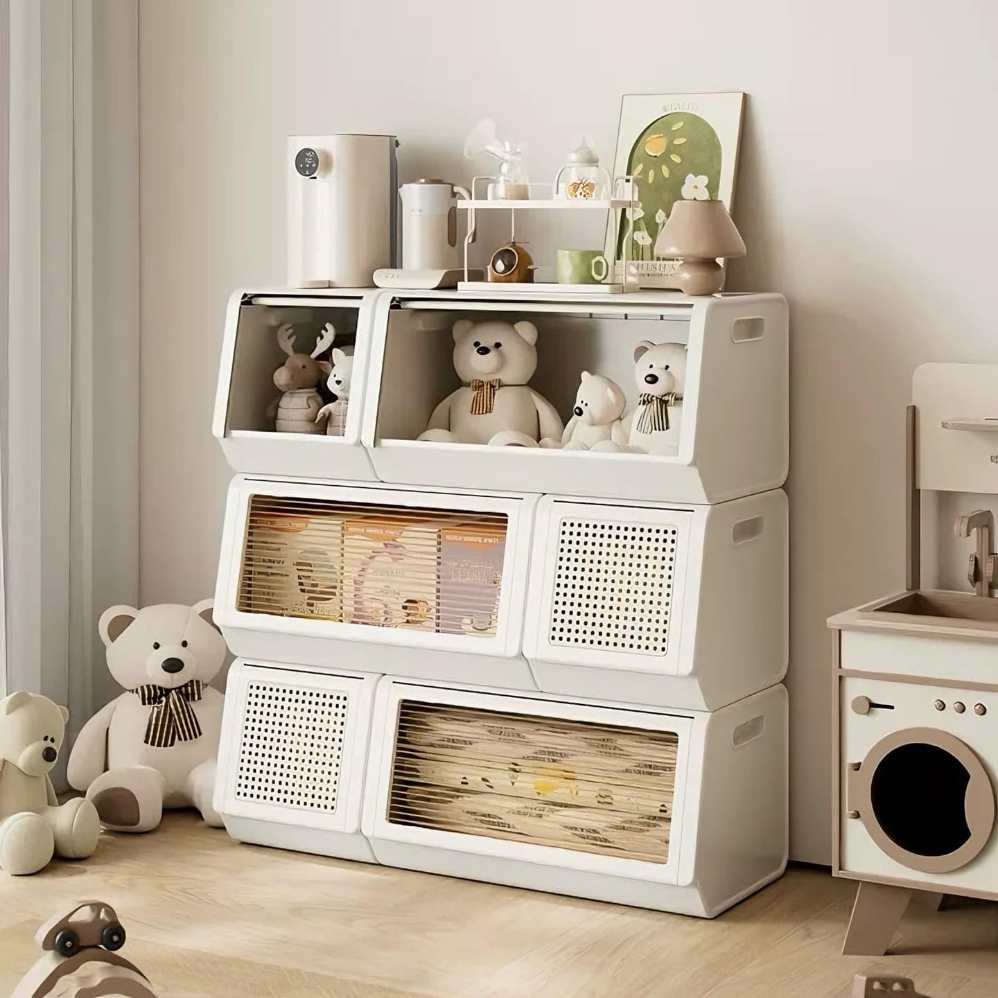 SunSettler Plastic Storage Organizer with Flip Door, Stackable Storage Cabinet, Magnetic Opening, Large Capacity Clothes Toy Shoe Cabinet, Easy Assembly for Living Room Bedroom