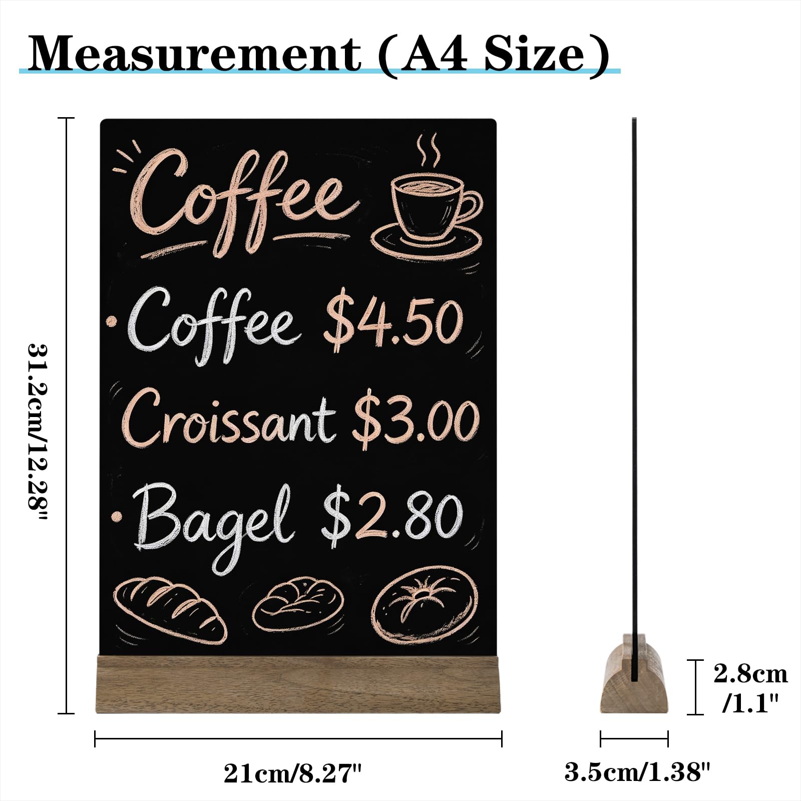 4 Piezas Pizarra Negra A4 Acrílico 3mm con Base Madera, Doble Cara Lisa/Rugosa, Horizontal/Vertical, Borrable Paño Húmedo, Cartel Mesa para Bar Restaurante Tienda
