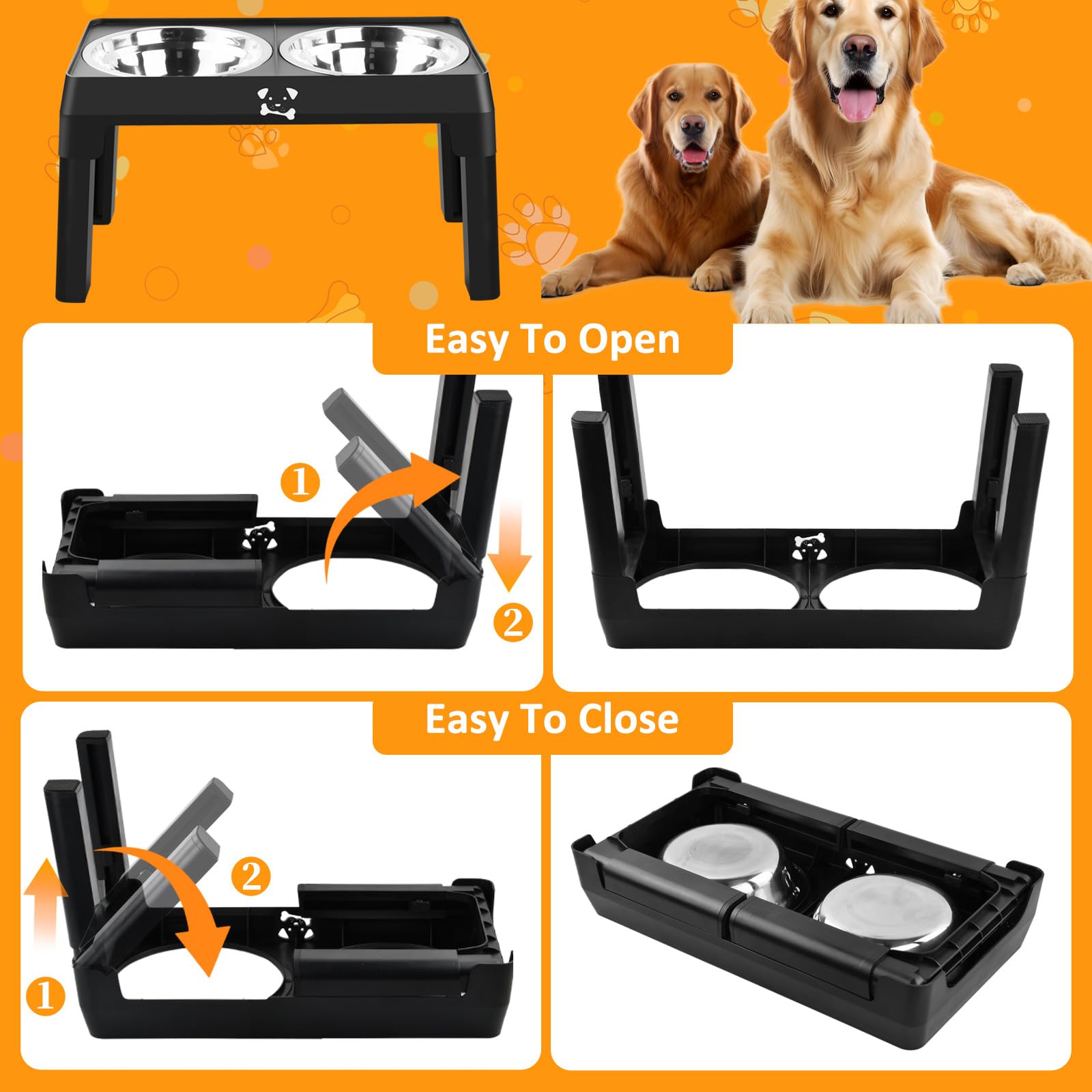 Comedero Perro Elevado de 5 Alturas Ajustables, con 2 Cuencos de Acero Inoxidable de 1,5L, Antideslizante y Plegable, Comederos Elevados para Perros Pequeños, Medianos y Grandes (Negro)