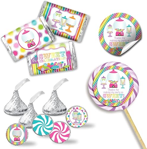 Sweet Shoppe Candy Shop - Kit de calcomanías para fiesta de cumpleaños, 429 piezas. Incluye 60 calcomanías circulares de 2 pulgadas para recuerdos y