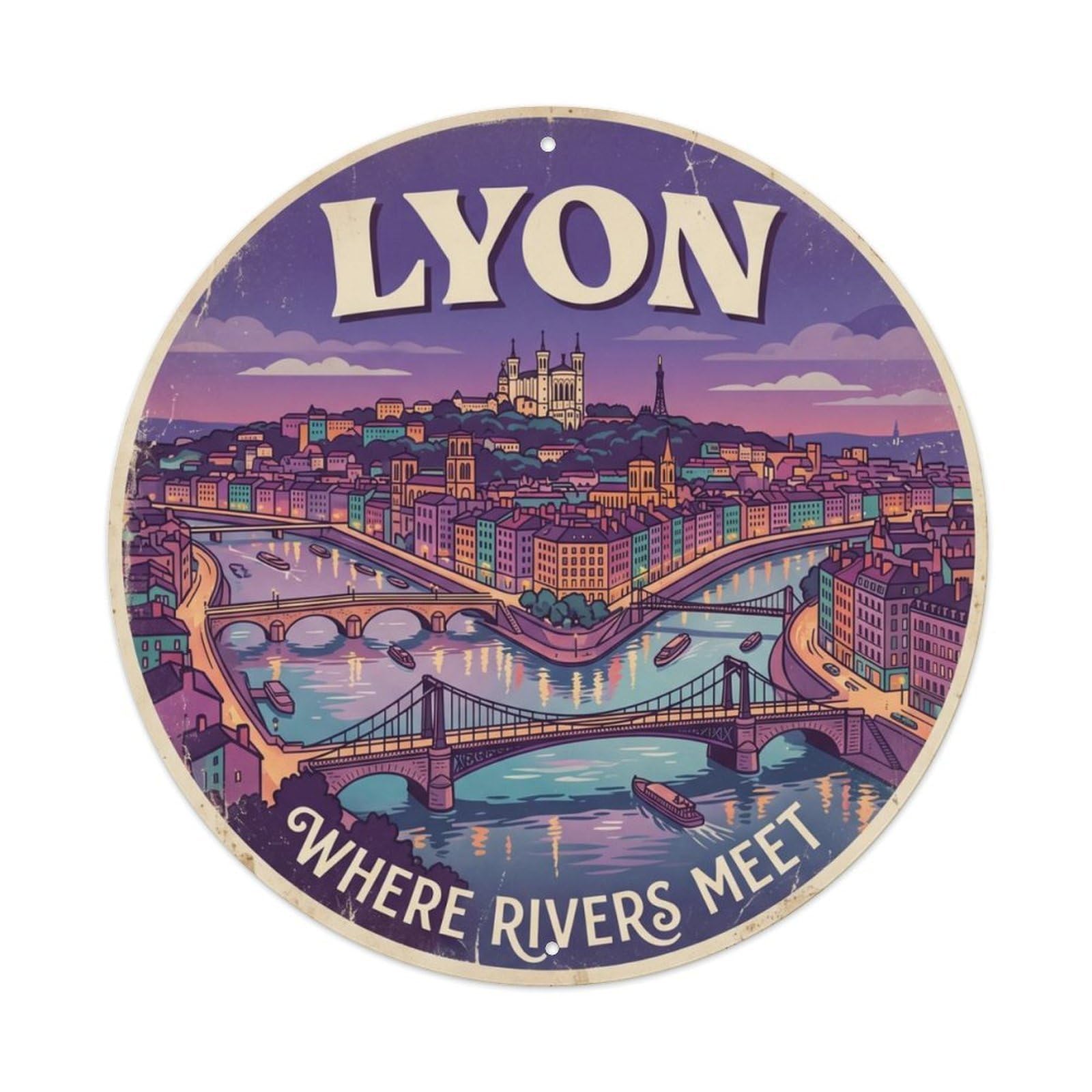 Vintage Travel Lyon France Confluence Metal Tin Sign Plaque Wall Decor for Cafe, Club Bar, Office, Home Garden Round Metal Poster 8x8Inch