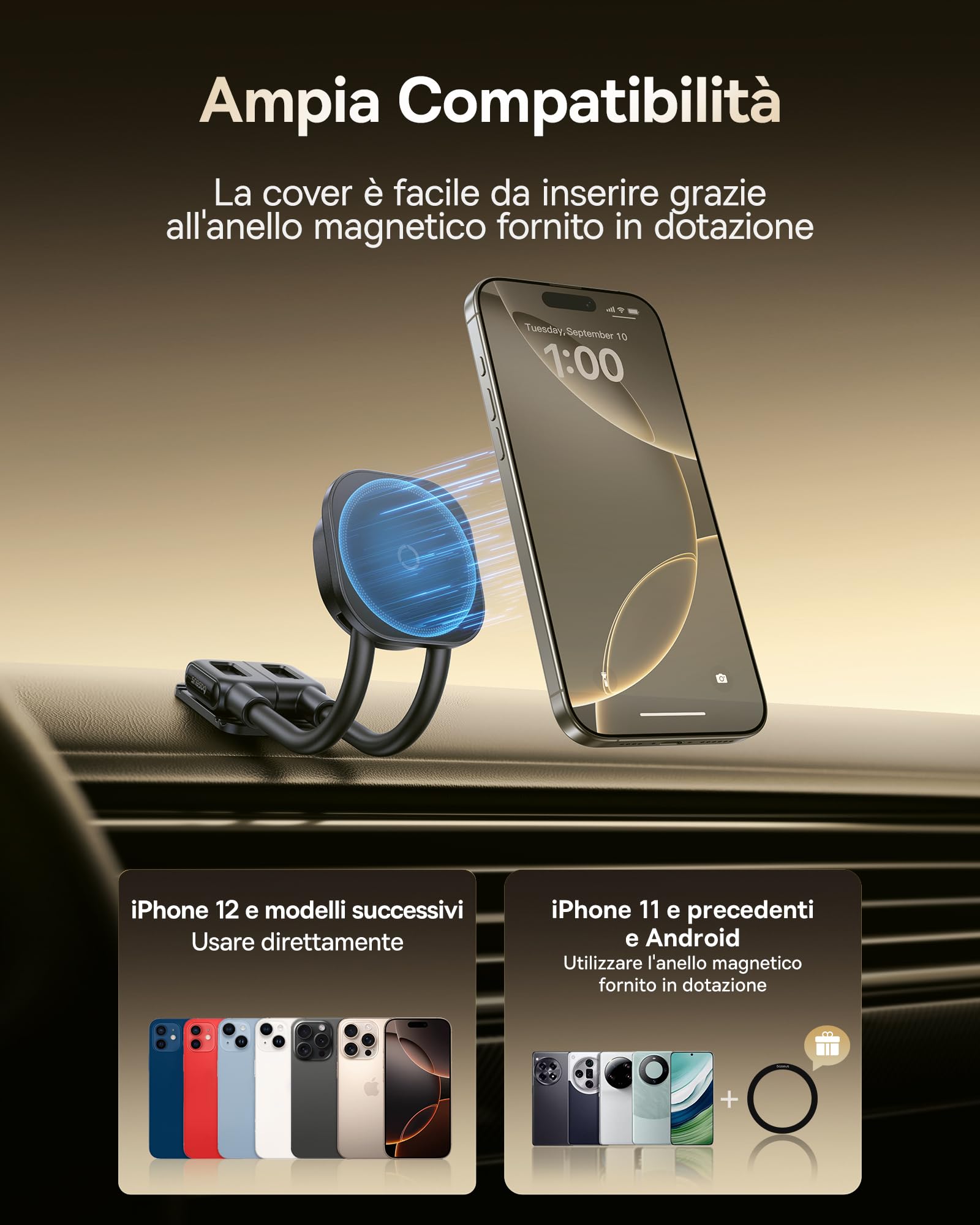 Baseus C03s Supporto per Cellulare Auto Magnete, Magnetico Magsafe Supporto per Telefono Auto con 2 bracci flessibili, Porta Universale per Telefono 20N Compatibile con iPhone Samsung