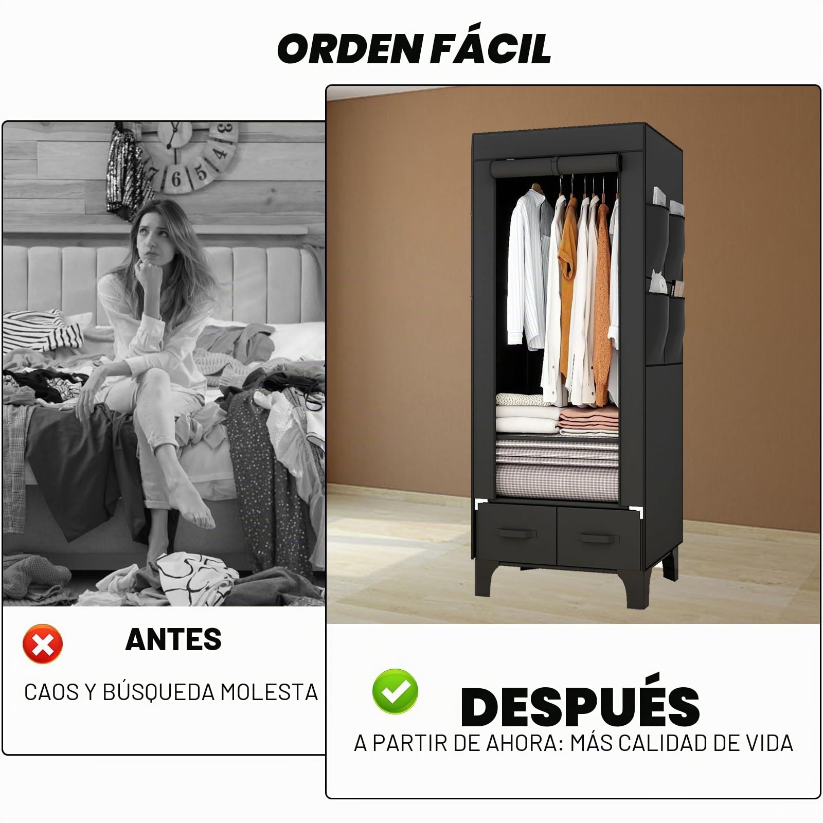 OPPAIYA Armario de tela estable y estrecho, 69 cm, armario plegable con 2 cajones y 8 bolsillos laterales, perchero estable con cubierta, armario de camping para dormitorio, 69 x 45 x 160 cm, color