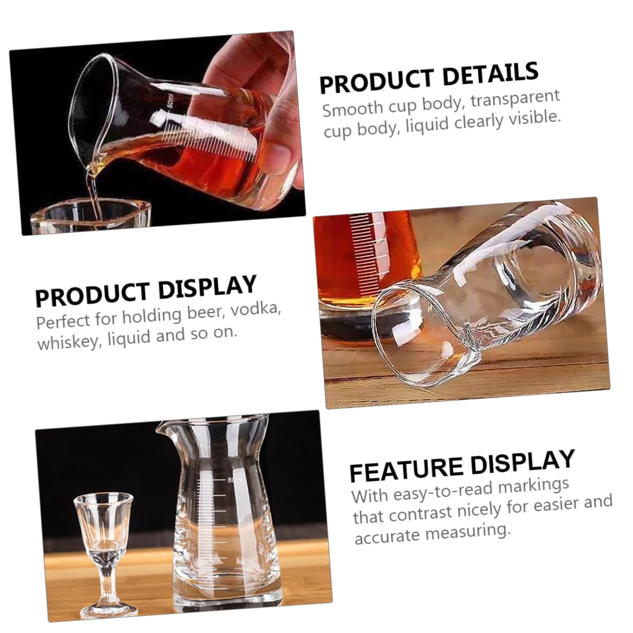 6Pièces Tasses à Mesurer Verre Lignes Échelle pour Cocktails Spiritueux Pichets Doseurs Verre Robustes Transparents