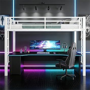 Bellemave Queen Size Loft Bed Frame with 2 Ladder, Sturdy Metal Construction & High Guardrail, Space-Saving Queen Loft Bed for Kids, No Box Spring Needed, Safe for Kids, Adults, Teens, Dorms, White