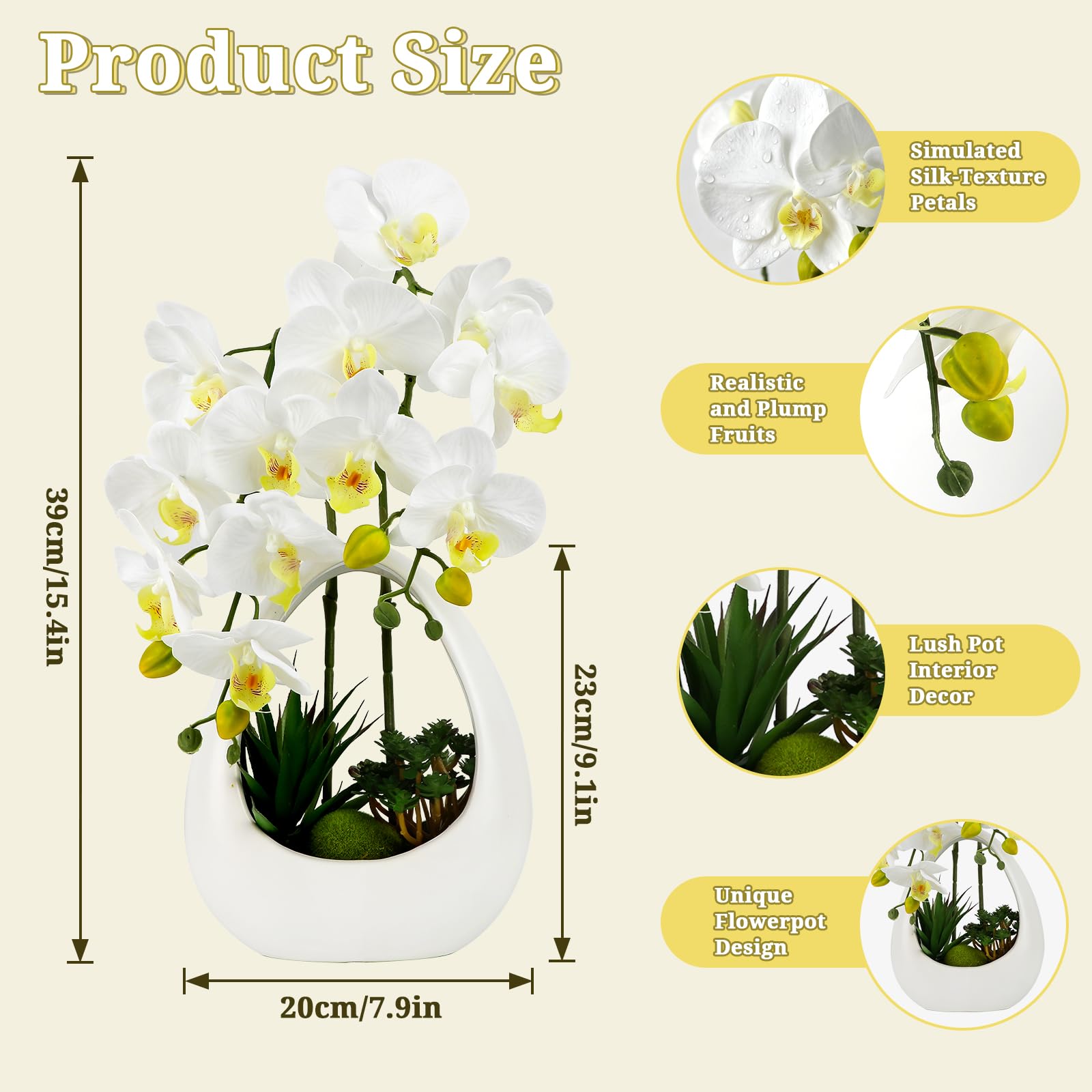 PlusFive Orchidées artificielles en pot - Phalaenopsis - Fleurs artificielles blanches en soie - 39 cm - Orchidées artificielles comme véritables pour décoration intérieure, décoration de table
