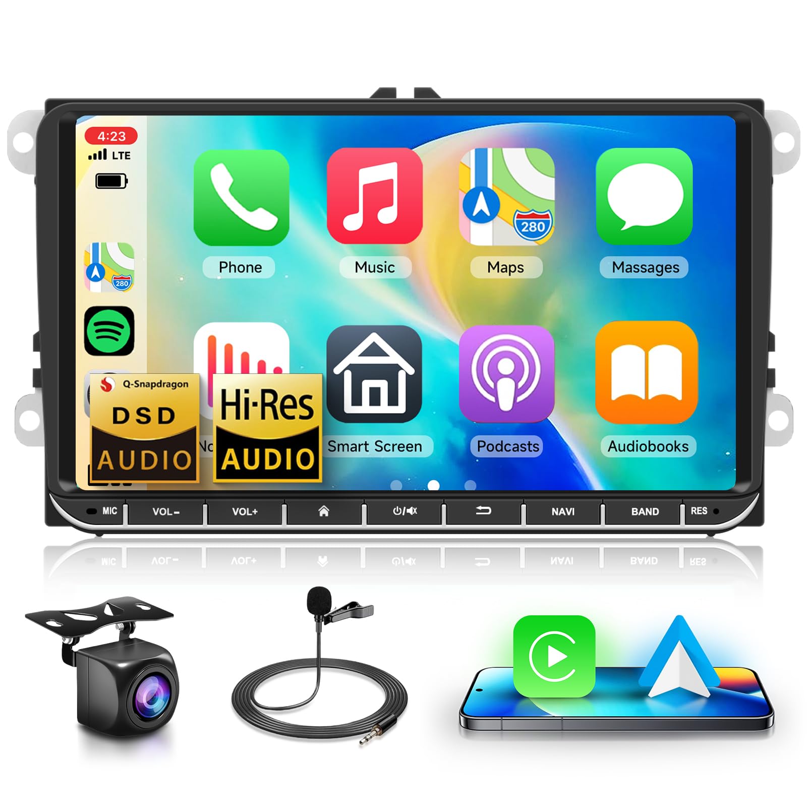 Qualcomm Snapdragon radio samochodowe Carplay do VW Golf 5 Polo Skoda, 9-calowy ekran dotykowy Android radio samochodowe z systemem Android Auto/Bluetooth 5.1/RDS/FM/DSP/SWC/GPS/WiFi + kamera cofania