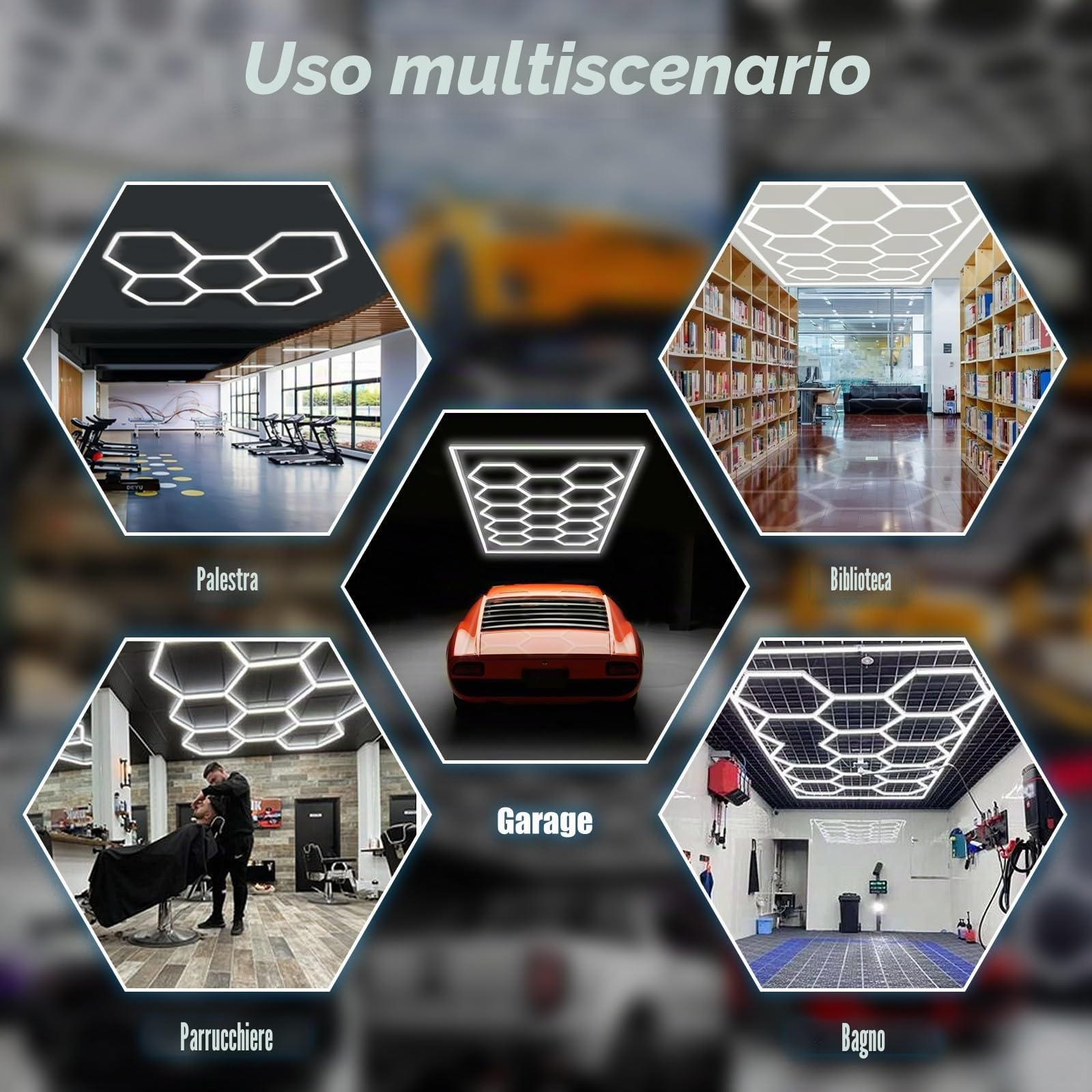 Plafoniera LED Esagonale per Garage, 672W 6500K Griglie a Nido D'ape Collegabili, Luci da Negozio per Magazzino, Officina, Palestra, Seminterrato, Autolavaggio 14 HEX