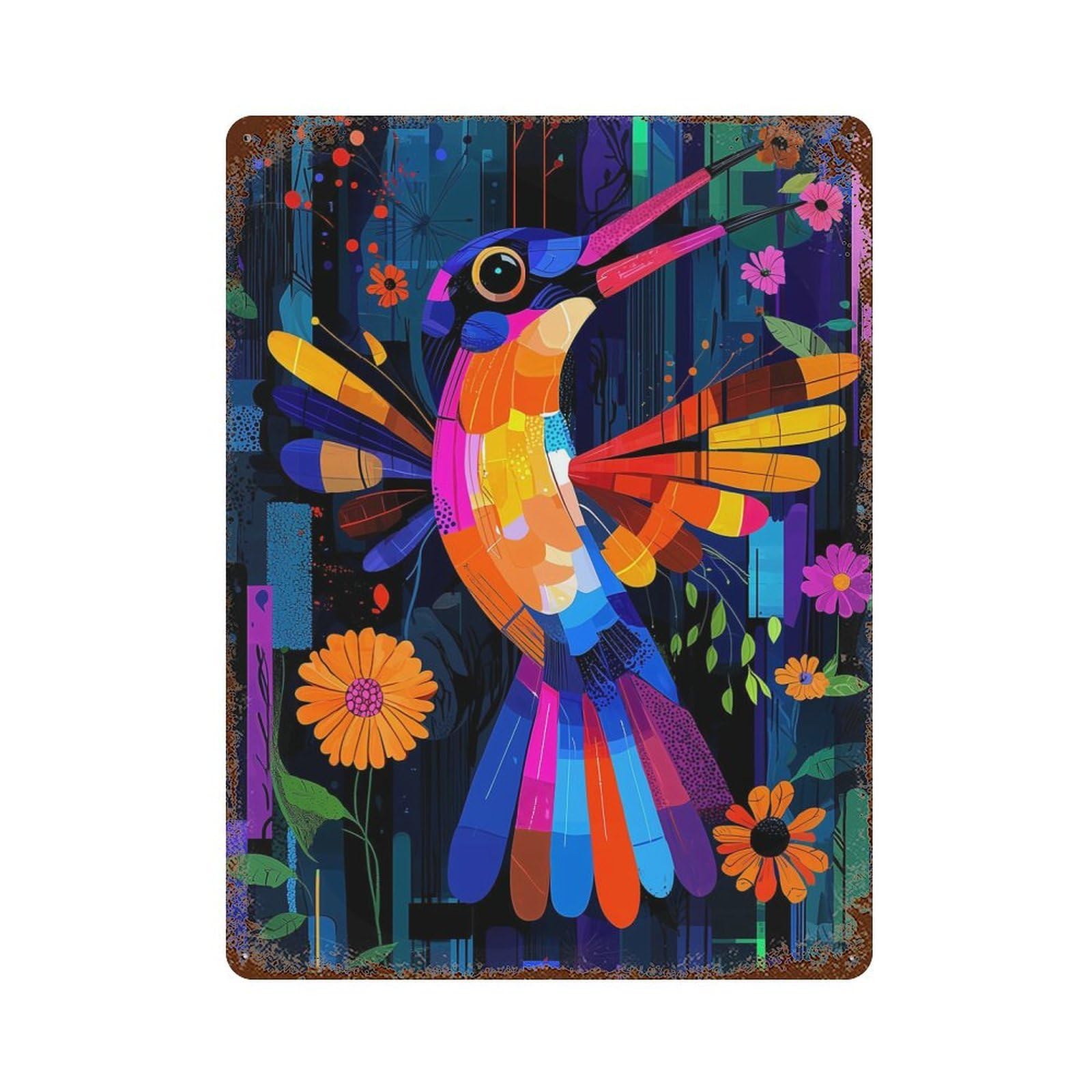Expressionist Geometry Hummingbird – Vibrant Abstract Nature Art 15.7"x11.8" Retro Metal Sign, Industrial Home Decor for Basement, Hobby Room And Garage Decor